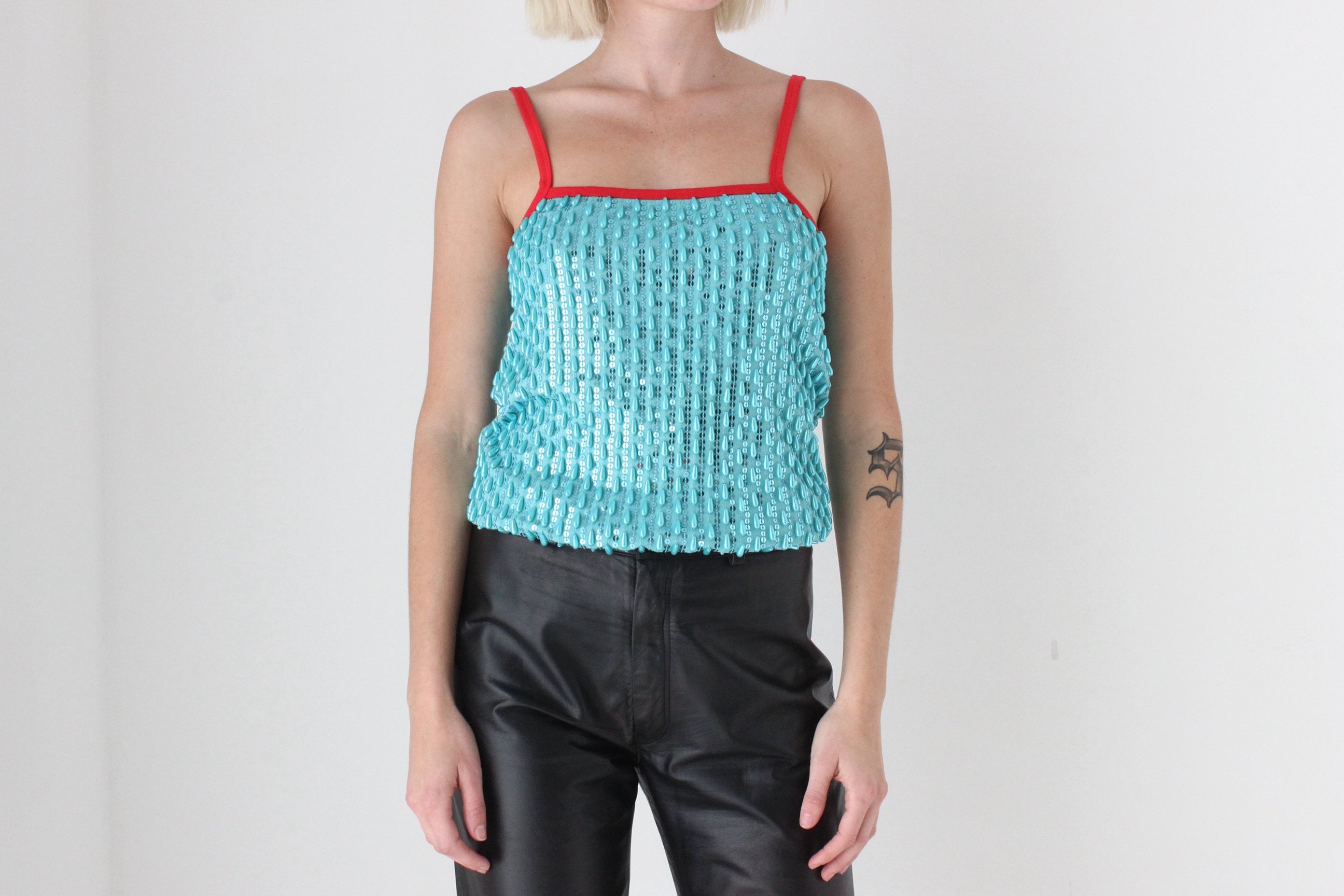 Y2K Aqua Beaded Designer Party Tank Top by Stefanel
