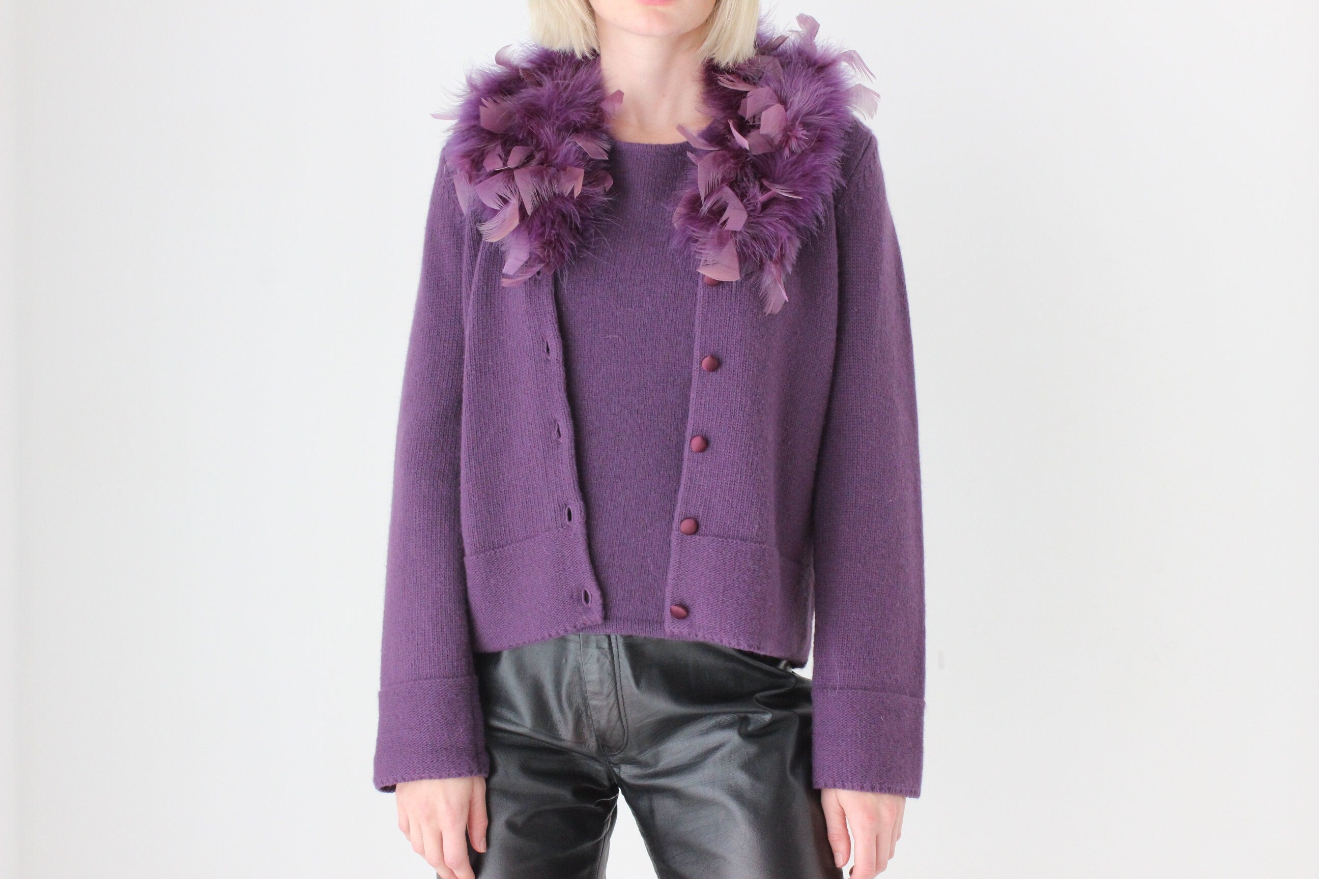 Y2K Purple Lambswool Tank & Feather Cardigan Two Piece Set
