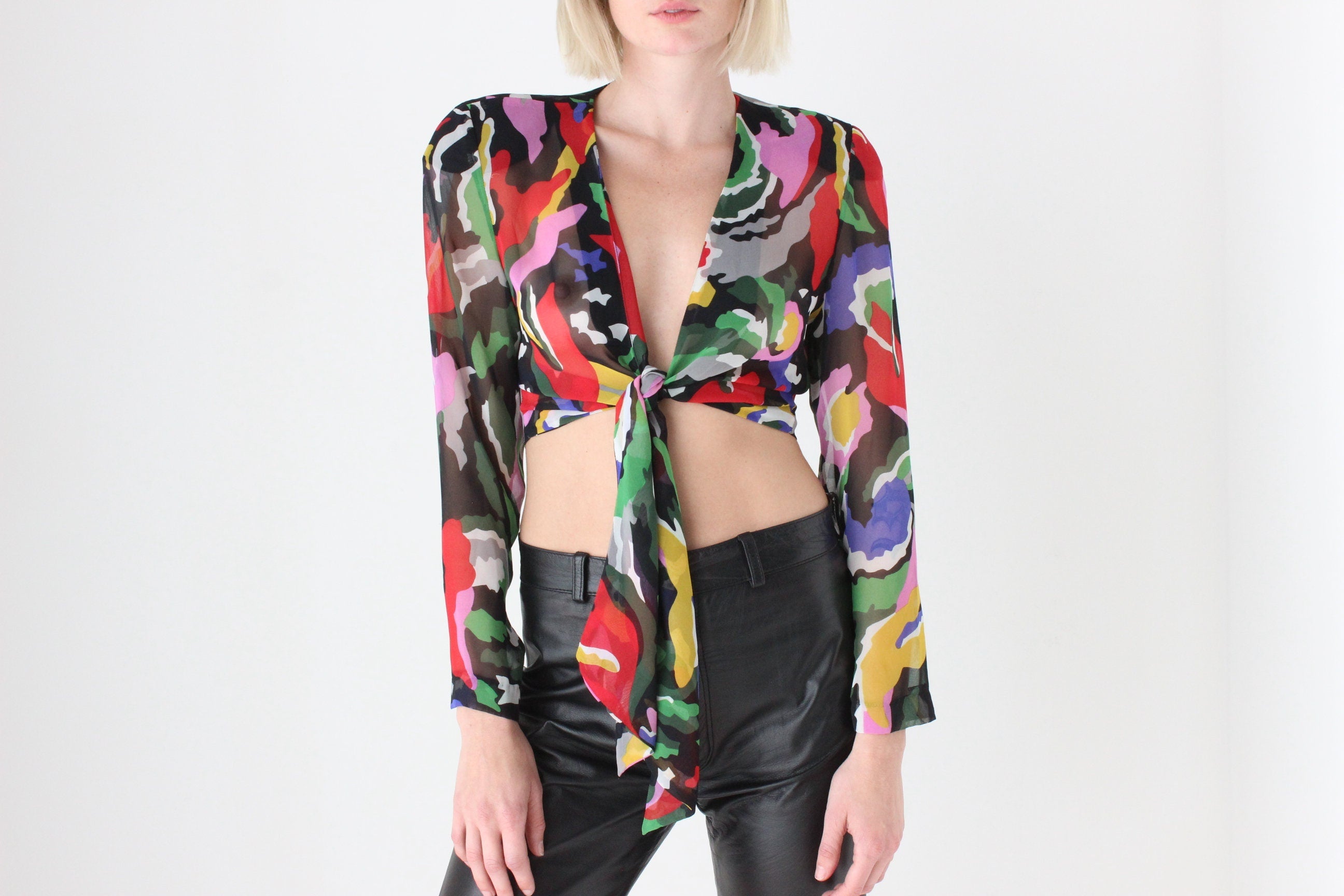 80s Rainbow Plunge Neck Tie Front Blouse