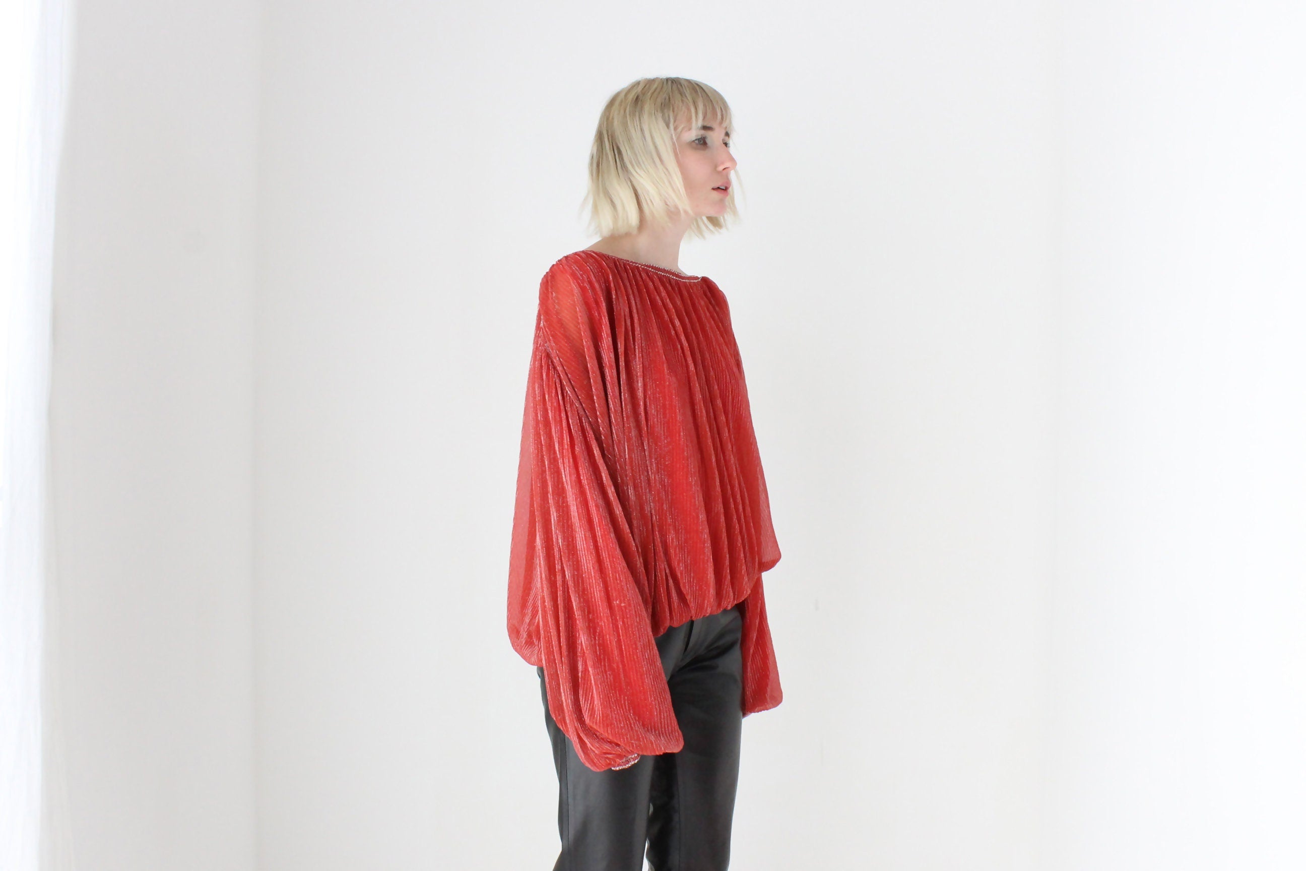 1970s Made for Disco Lurex Plisse Voluminous Top