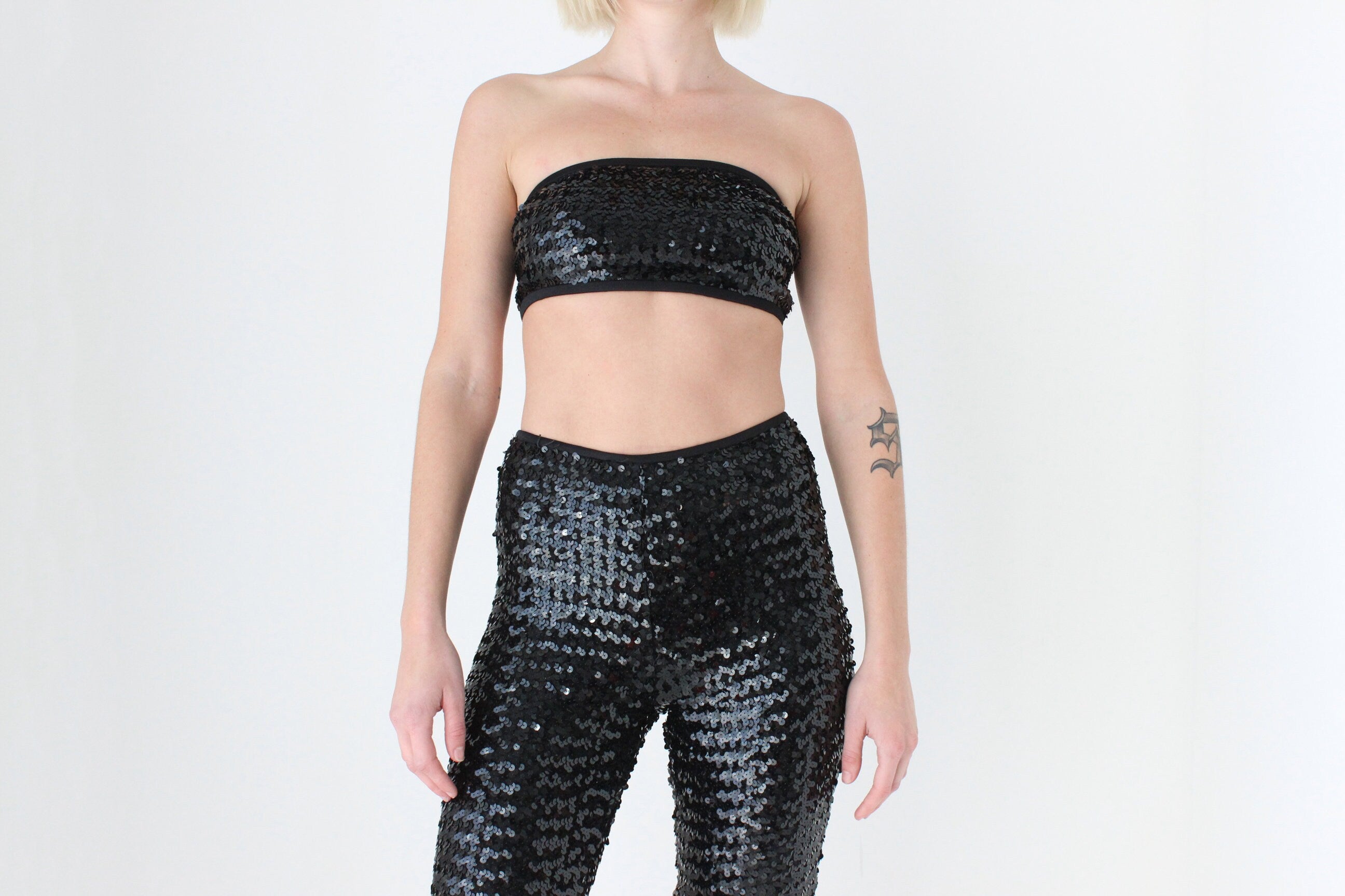 80s Sequin Knit Matching Bandeau & Capri Disco Set