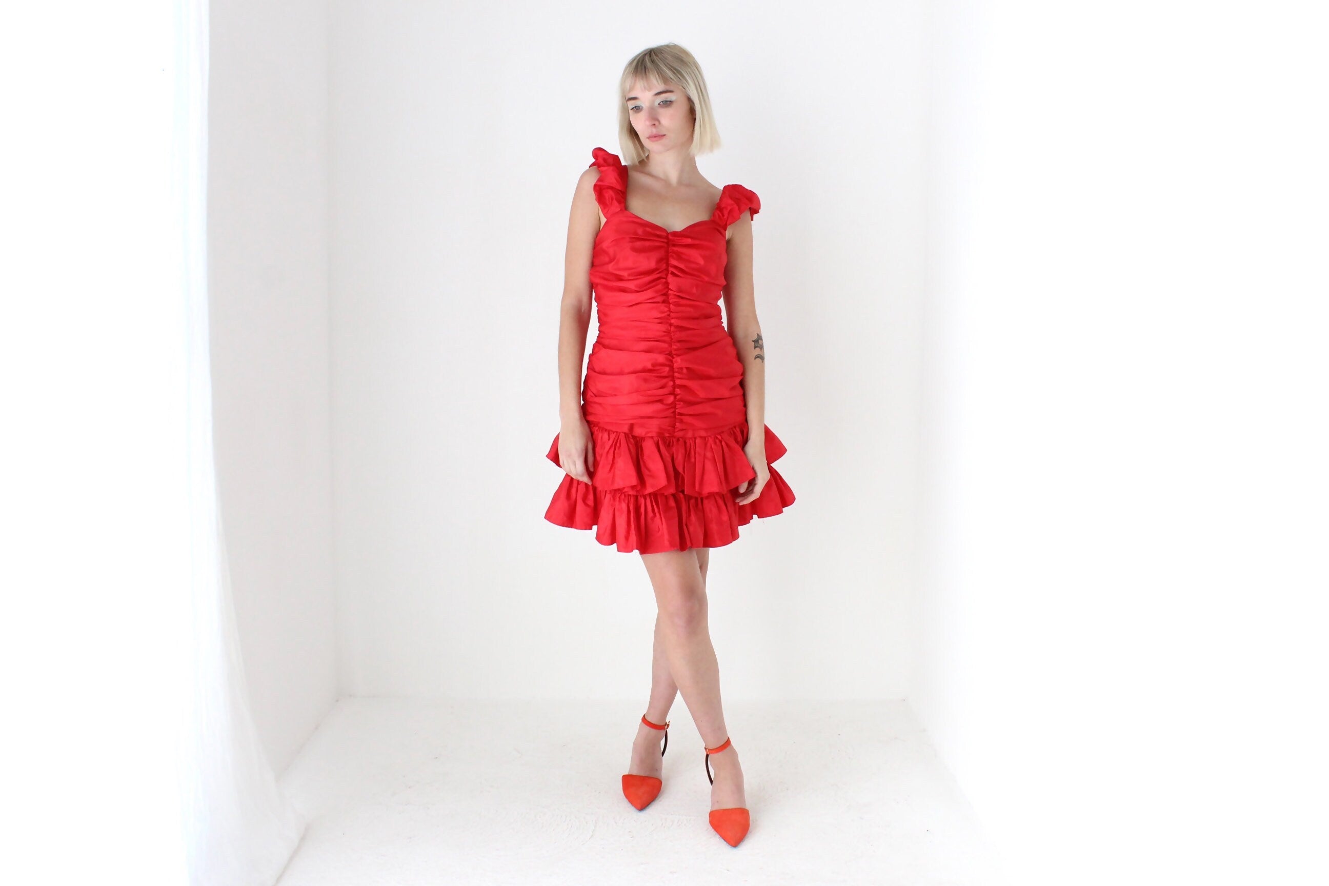 80s Red Ruched Taffeta Puff Party Dress