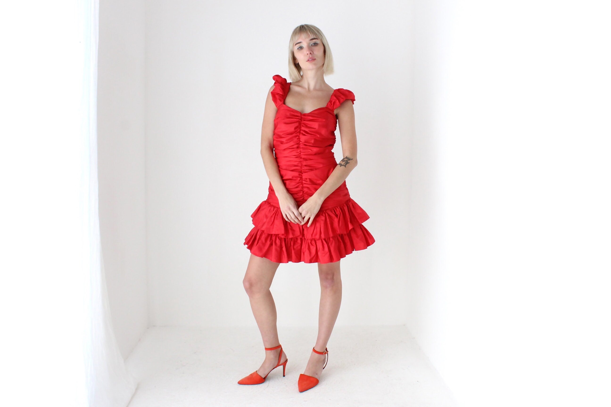 80s Red Ruched Taffeta Puff Party Dress