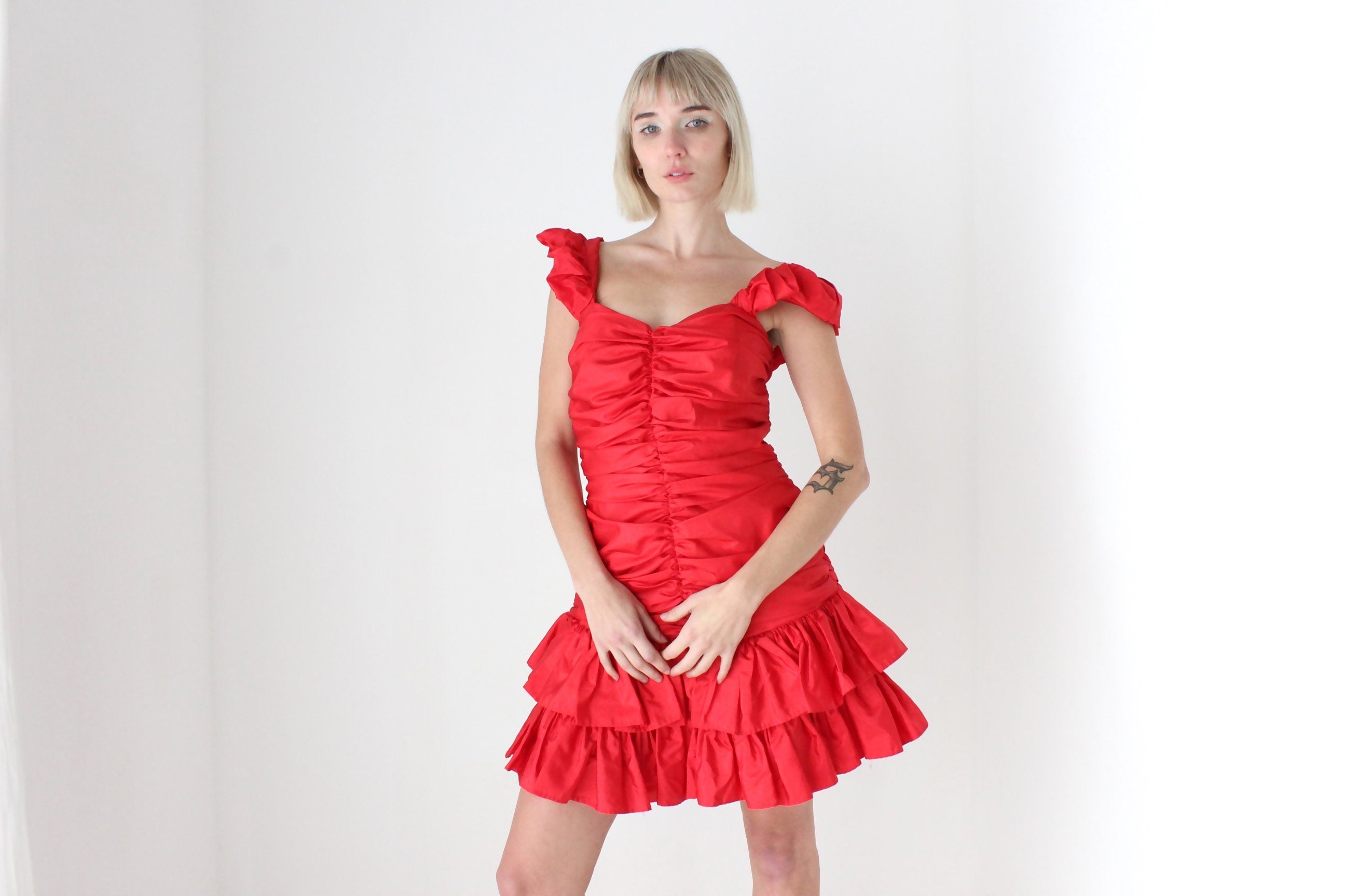 80s Red Ruched Taffeta Puff Party Dress