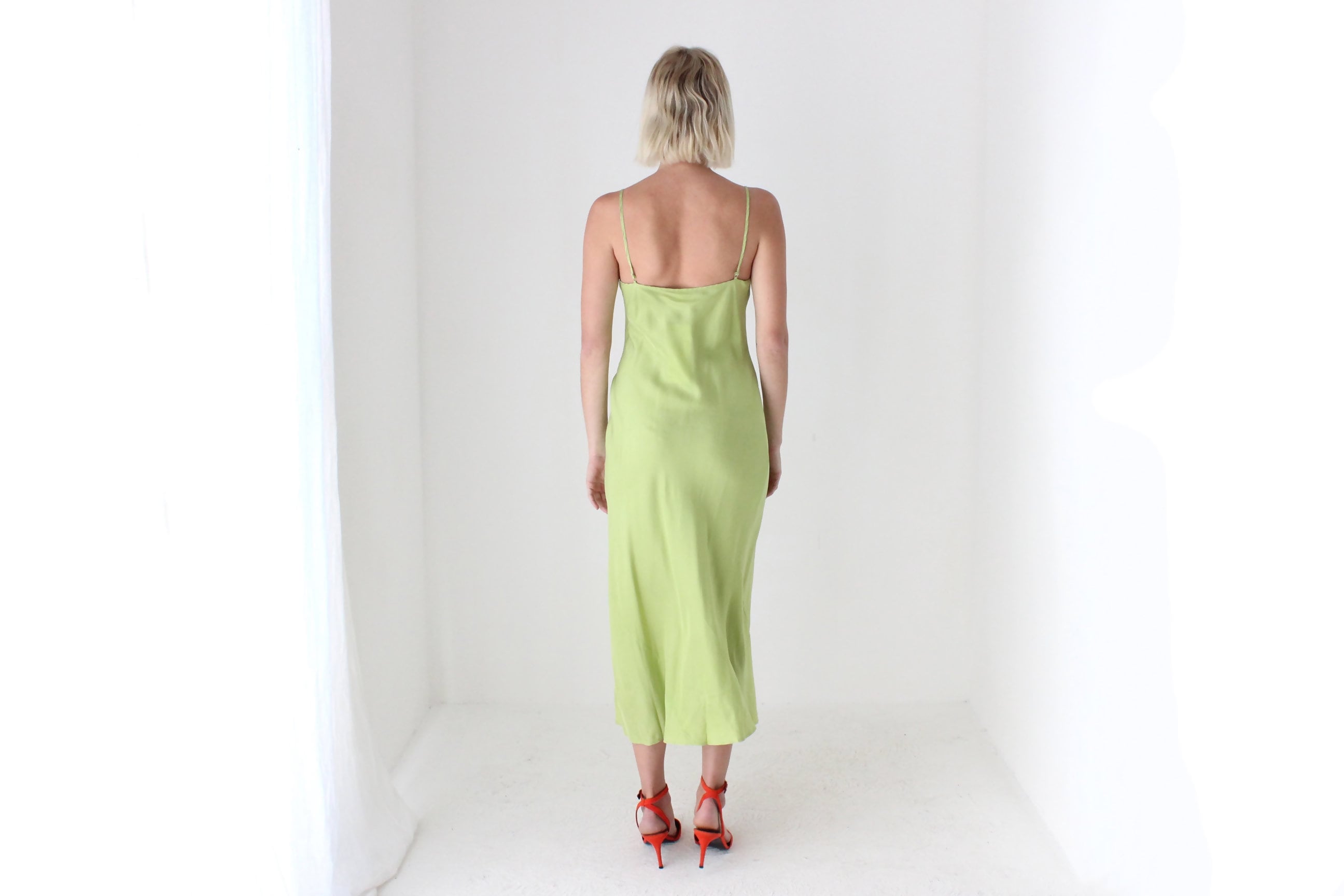 90s Pure Silk Bias Cut Slip Dress in Pistachio
