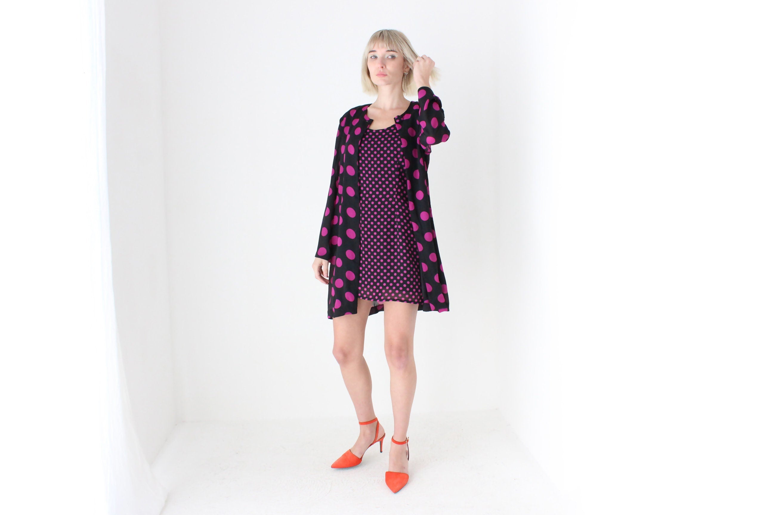 80s Purple Polka Dot Jacket & Dress Matching Set