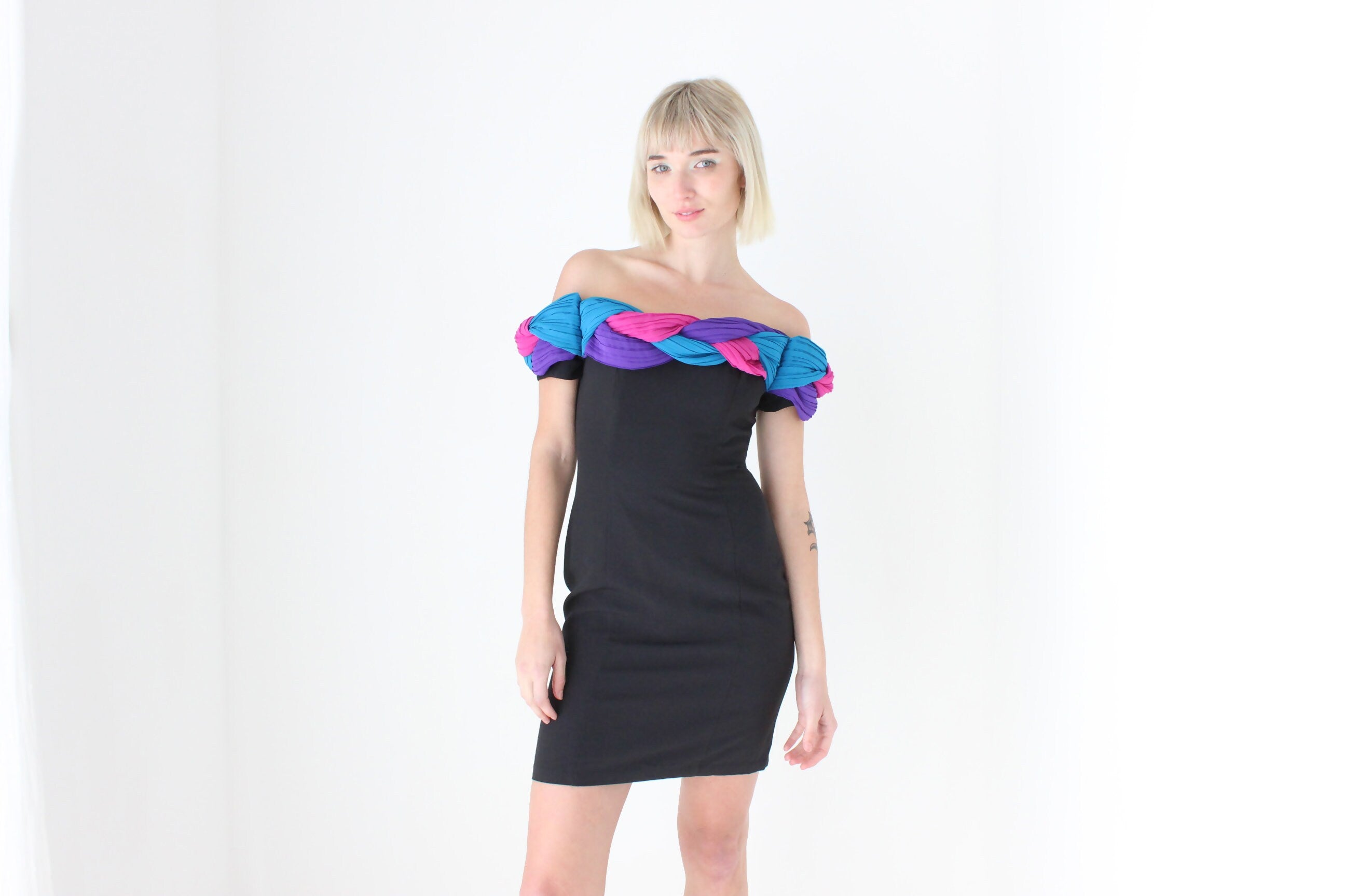 80s 'Marti' Black Crepe Cocktail Mini w/ 3D Braided Off Shoulder Detail