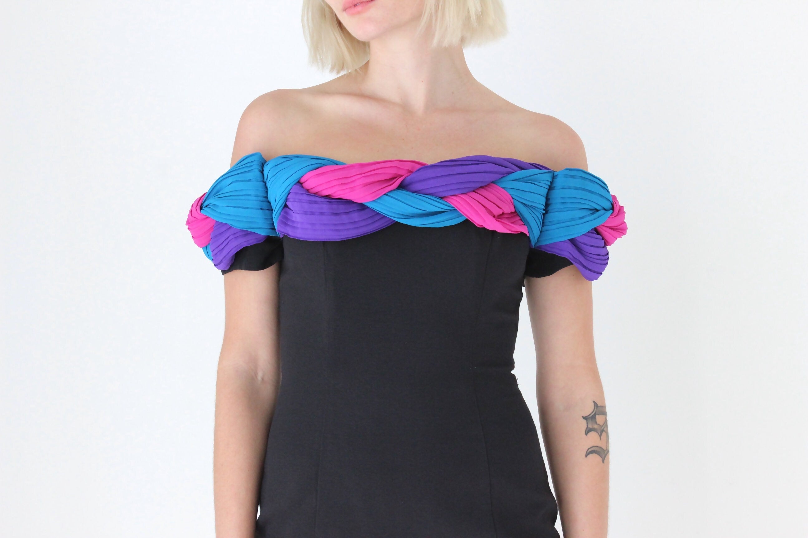 80s 'Marti' Black Crepe Cocktail Mini w/ 3D Braided Off Shoulder Detail