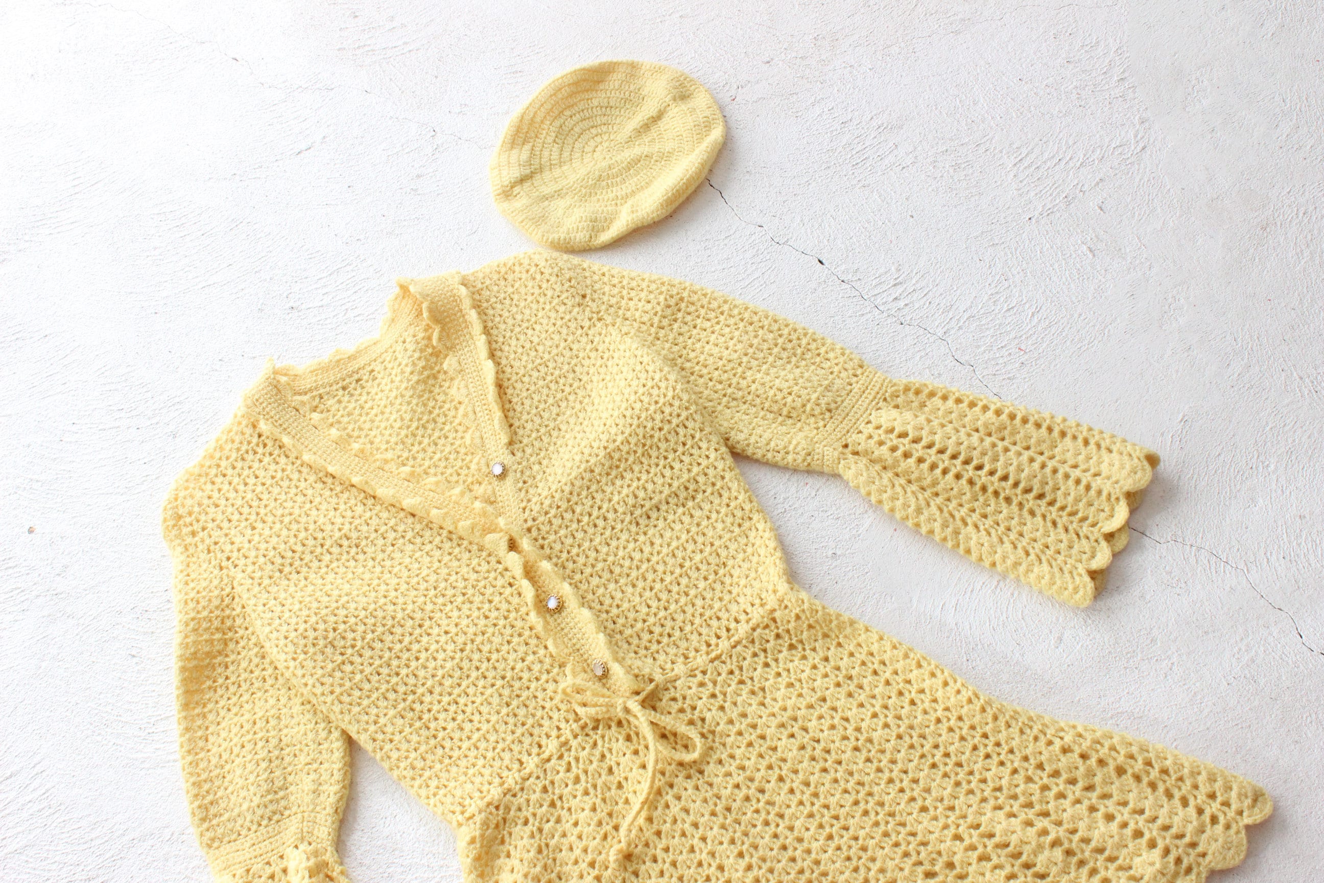 70s Hand Knit Lemon Yellow Mini Dress w/ Matching Beret