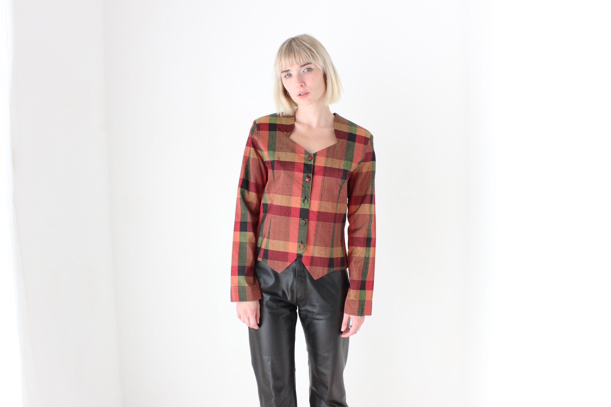 80s Tartan Raw Silk Westwood-Esque Button Up Bustier Top