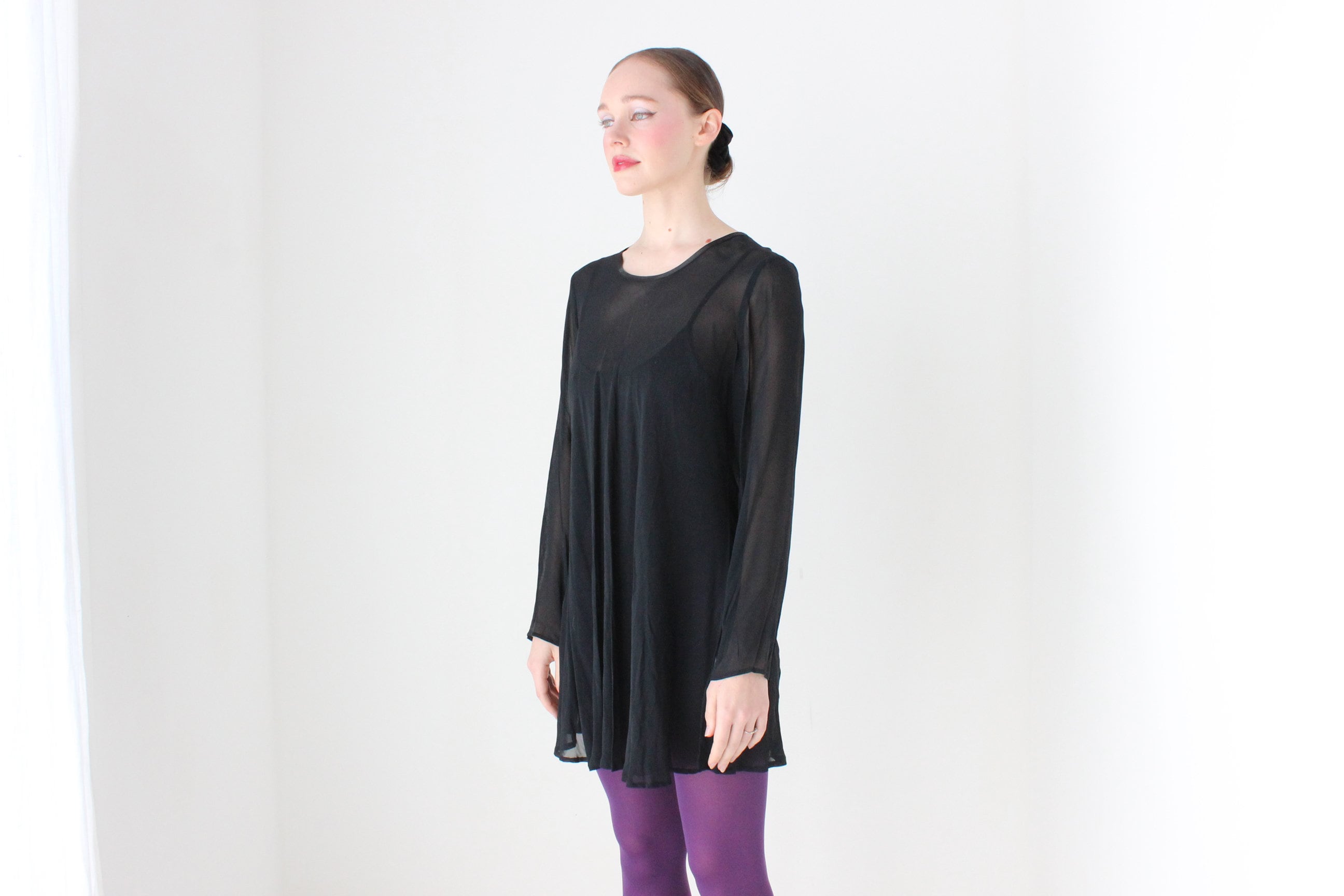 BALLETCORE 90s Black Chiffon Long Sleeve Mini