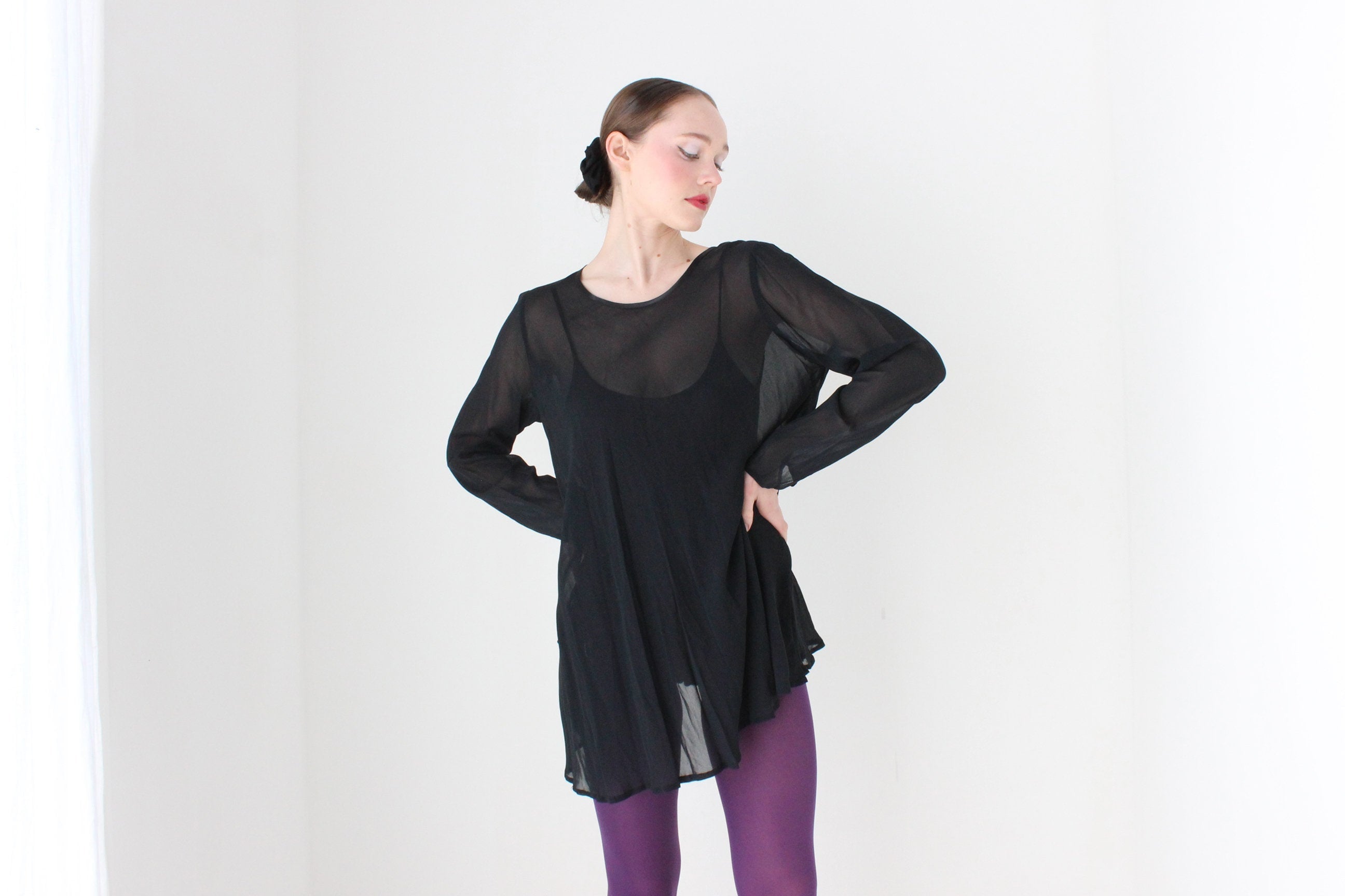 BALLETCORE 90s Black Chiffon Long Sleeve Mini