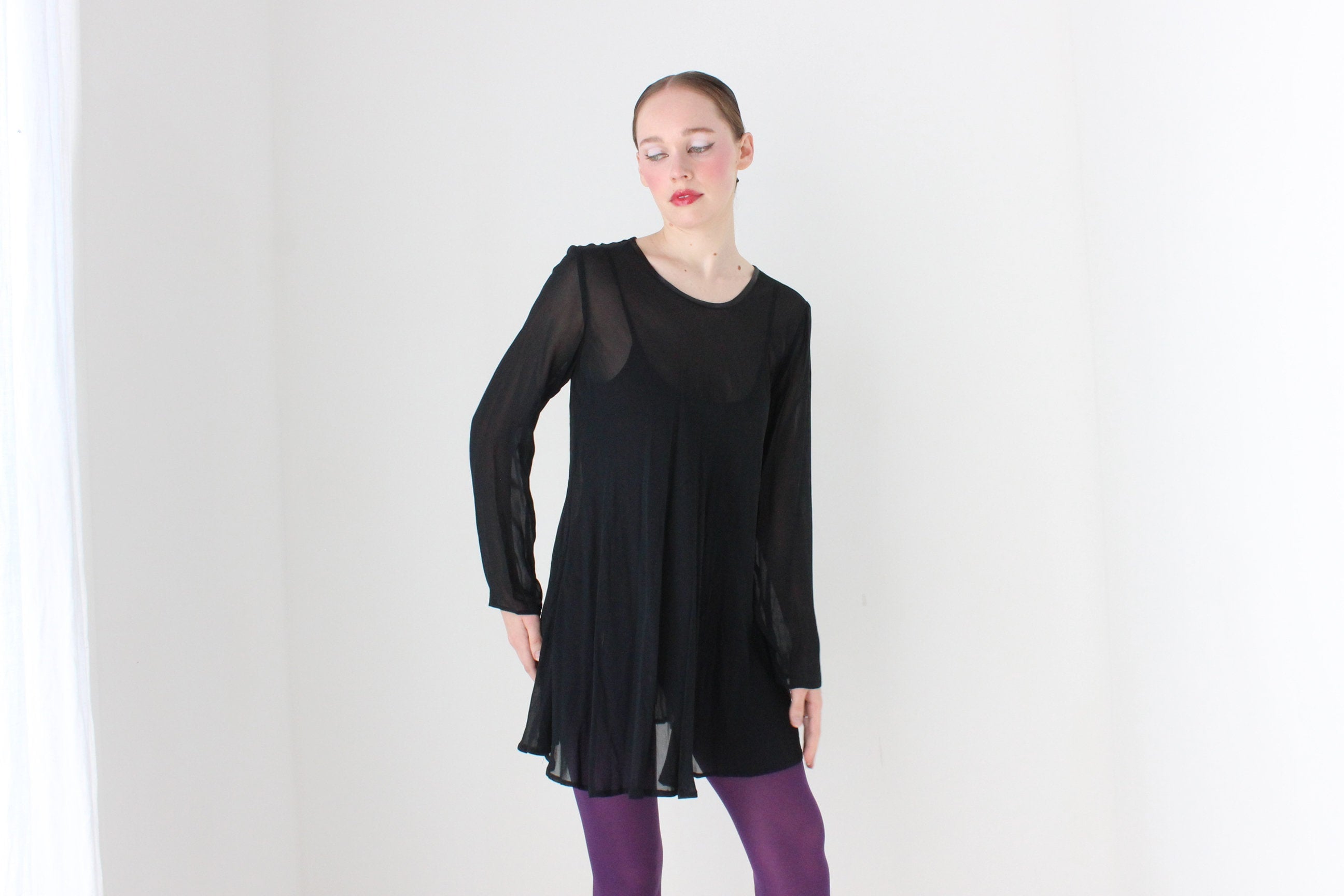 BALLETCORE 90s Black Chiffon Long Sleeve Mini