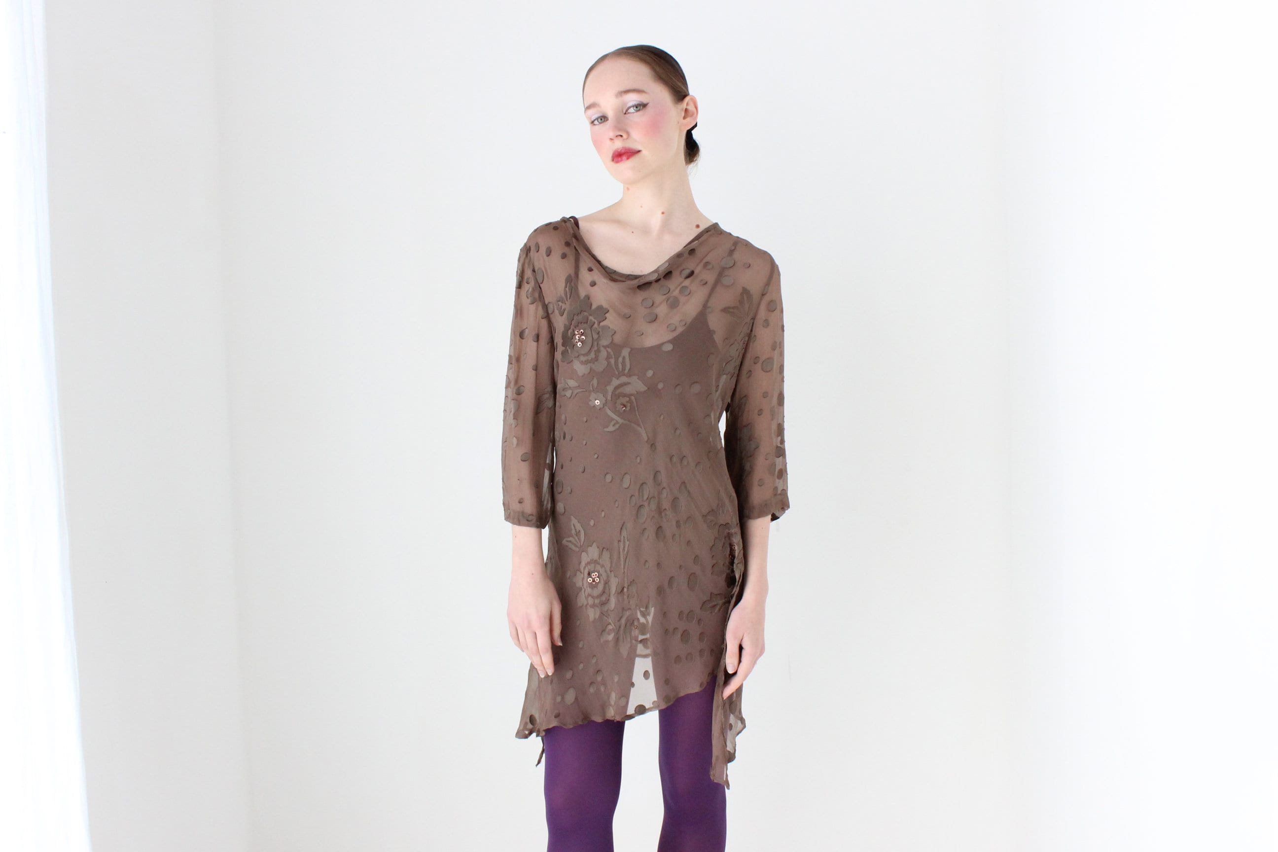 BALLETCORE Y2K Sheer Silk Flutter Cowl Neck Draped Top