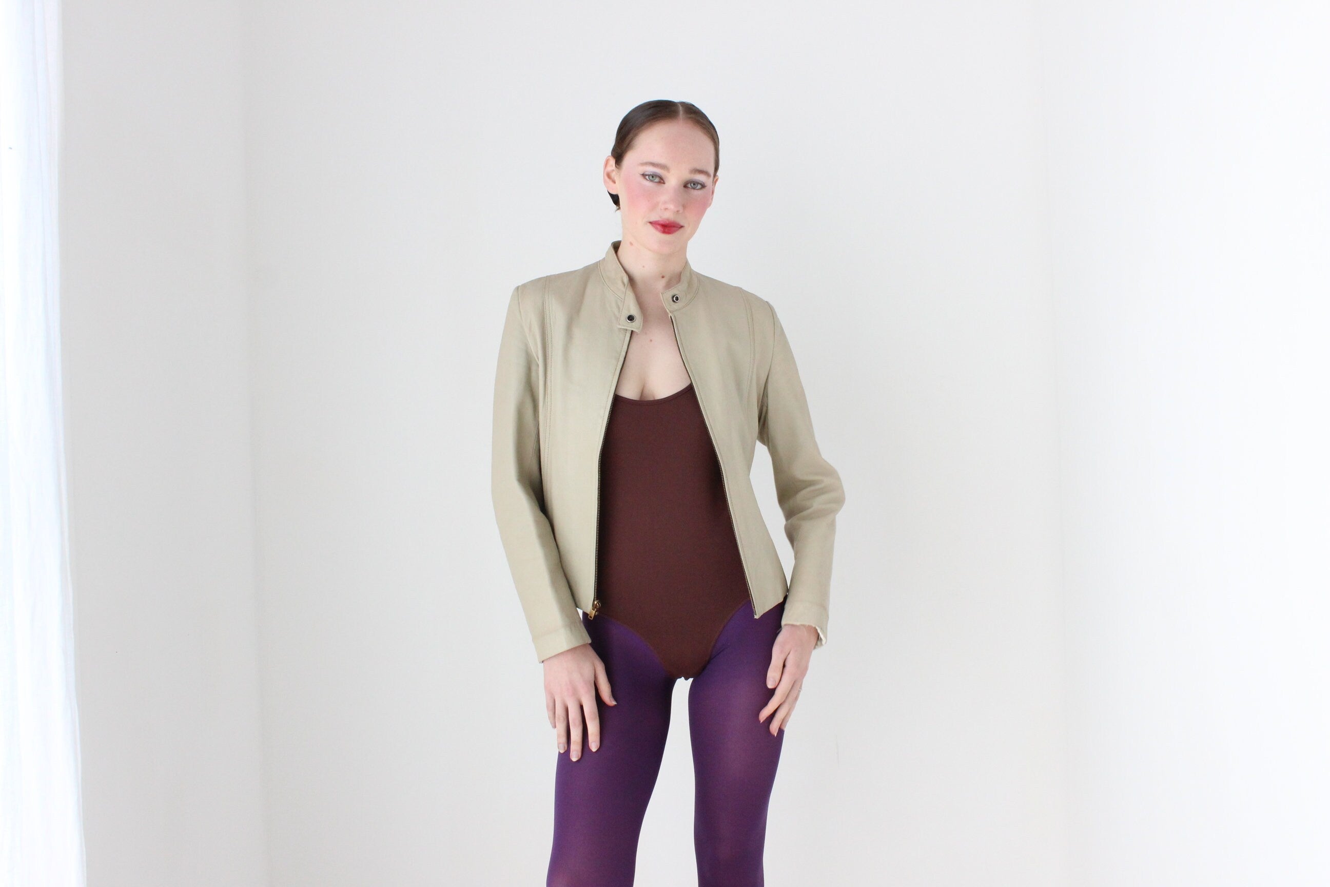 BALLETCORE 90s Neutral Beige Leather Zip Front Moto Jacket