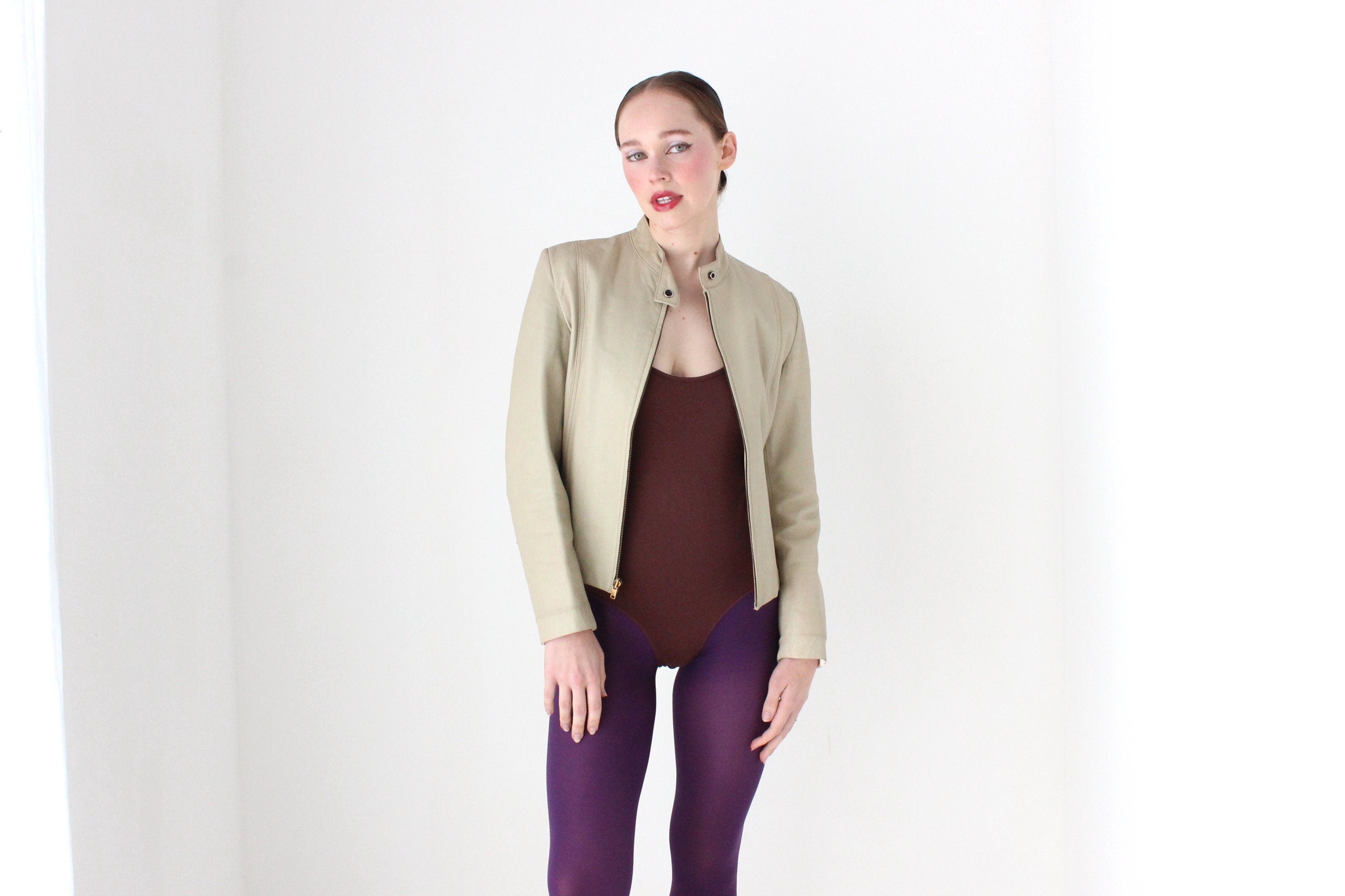 BALLETCORE 90s Neutral Beige Leather Zip Front Moto Jacket