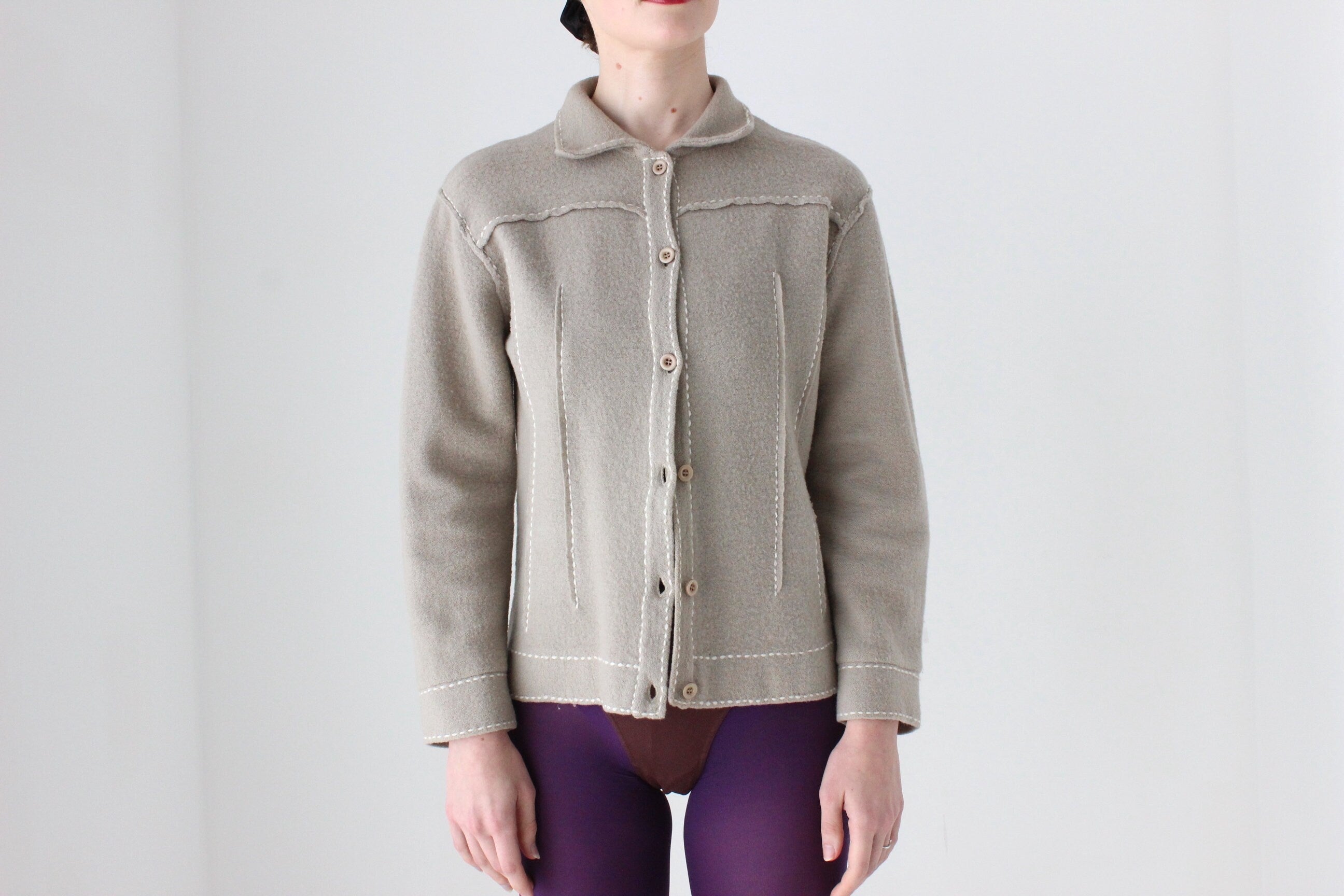 BALLETCORE 90s Pure Wool Cardigan Top w/ Contrast Stitching