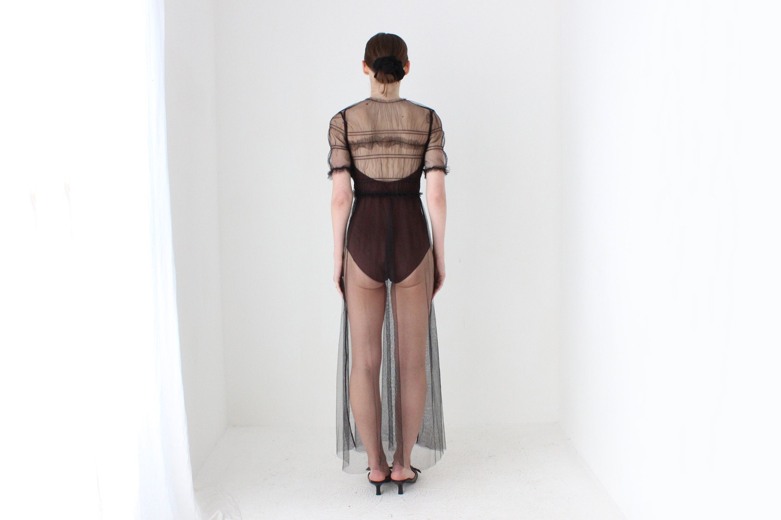 BALLETCORE Sheer Black Tulle Puff Sleeve Maxi Dress