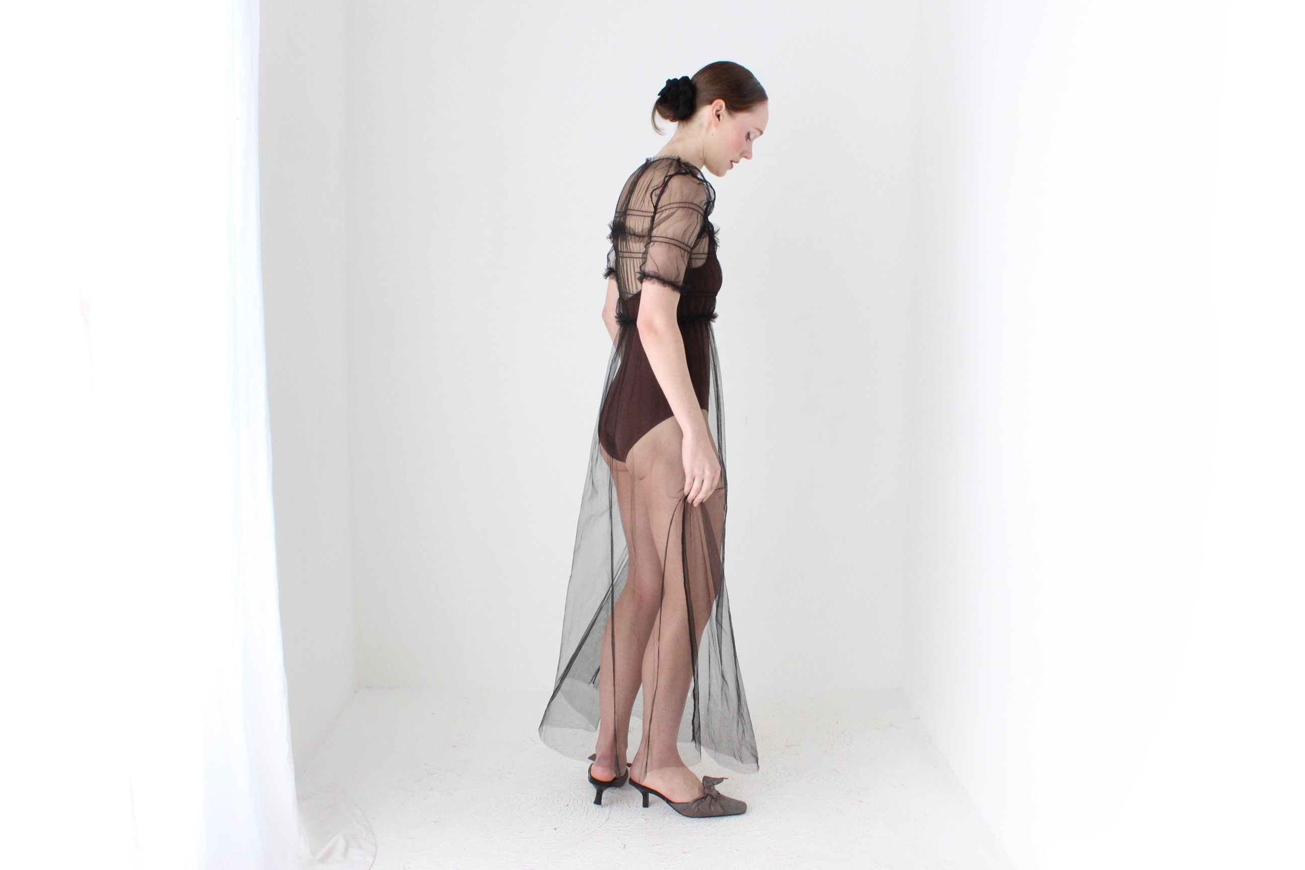 BALLETCORE Sheer Black Tulle Puff Sleeve Maxi Dress