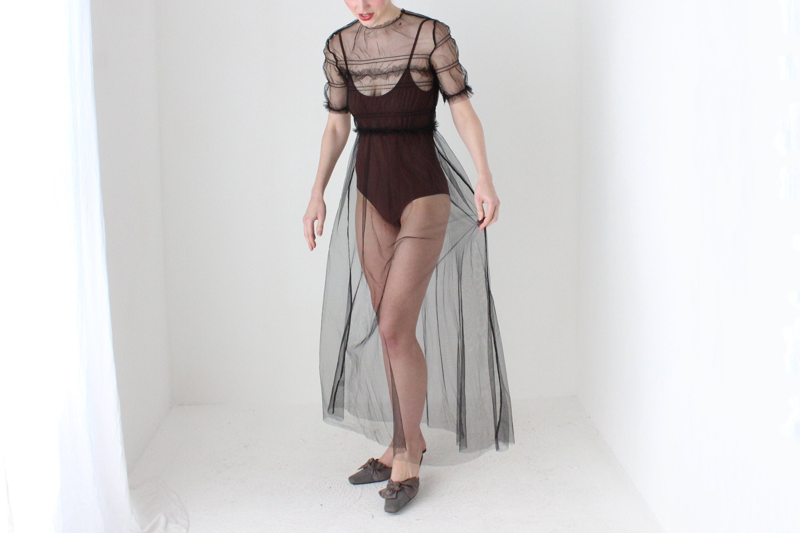 BALLETCORE Sheer Black Tulle Puff Sleeve Maxi Dress