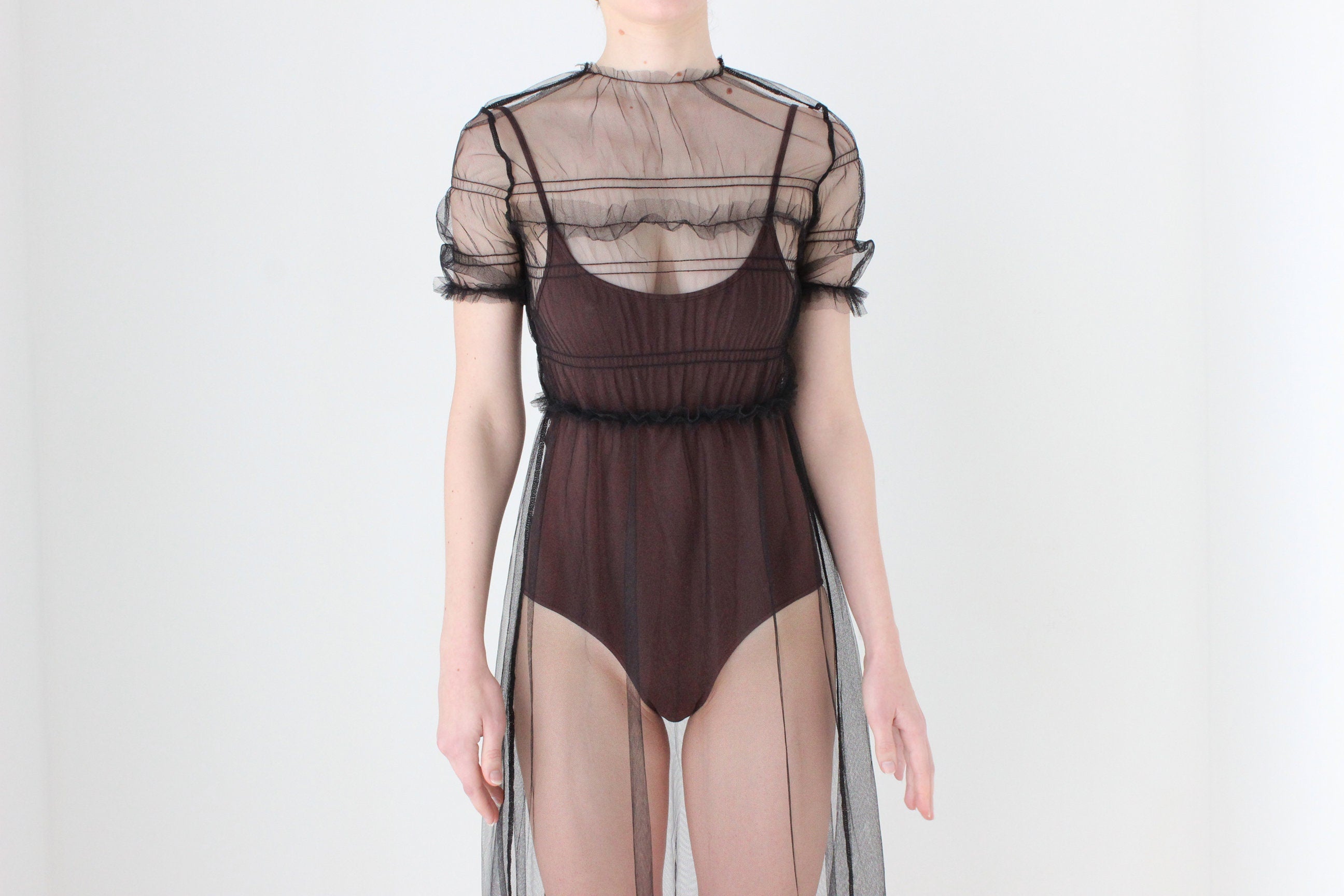 BALLETCORE Sheer Black Tulle Puff Sleeve Maxi Dress