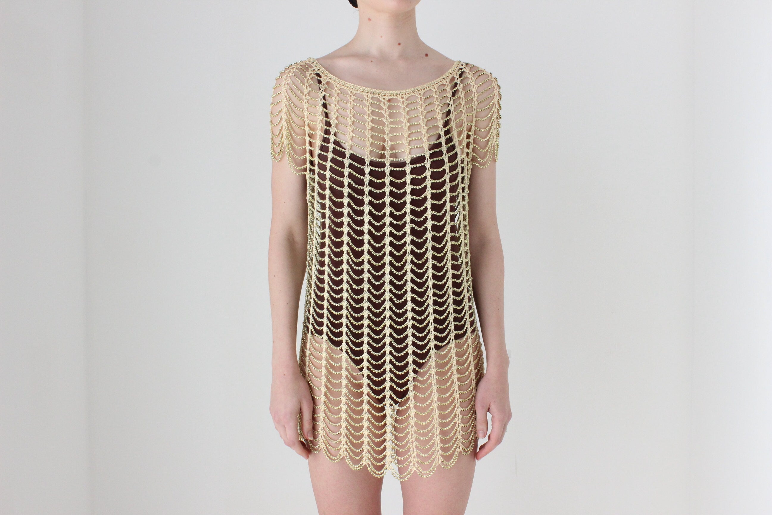 BALLETCORE Y2K Scalloped Drape Beaded Cage Knit Top