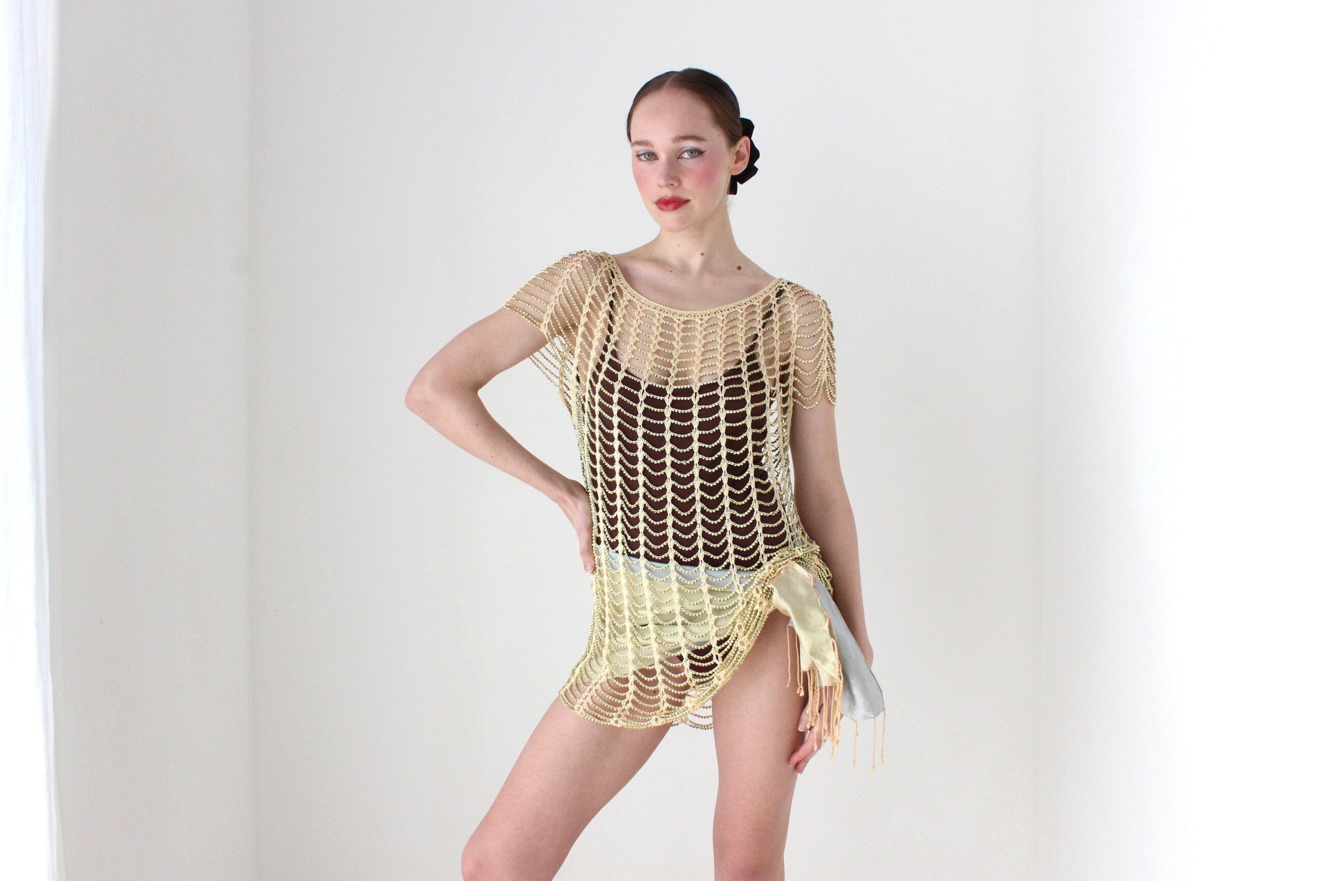 BALLETCORE Y2K Scalloped Drape Beaded Cage Knit Top
