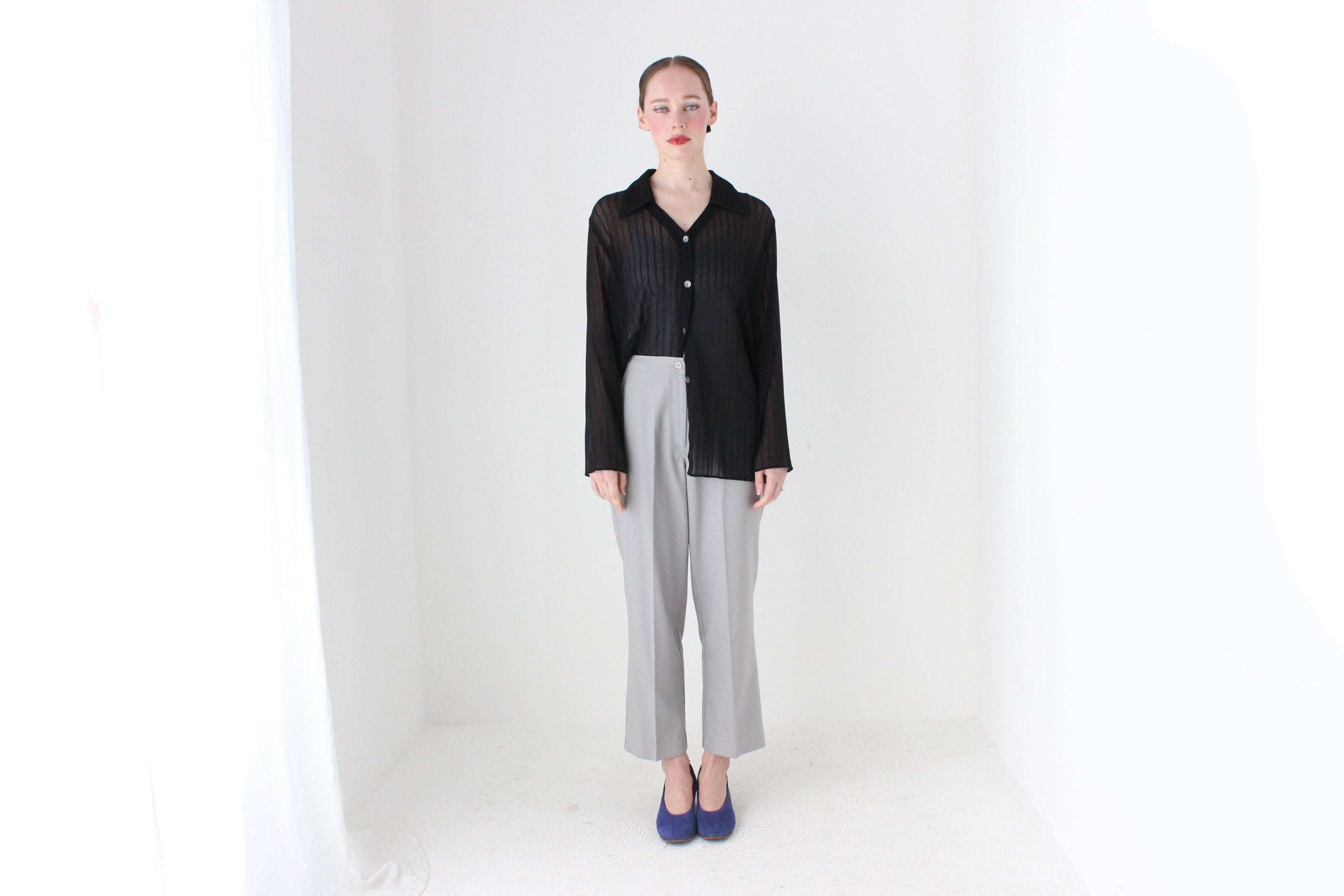 BALLETCORE 90s Sheer Mesh Black Oversized Shirt