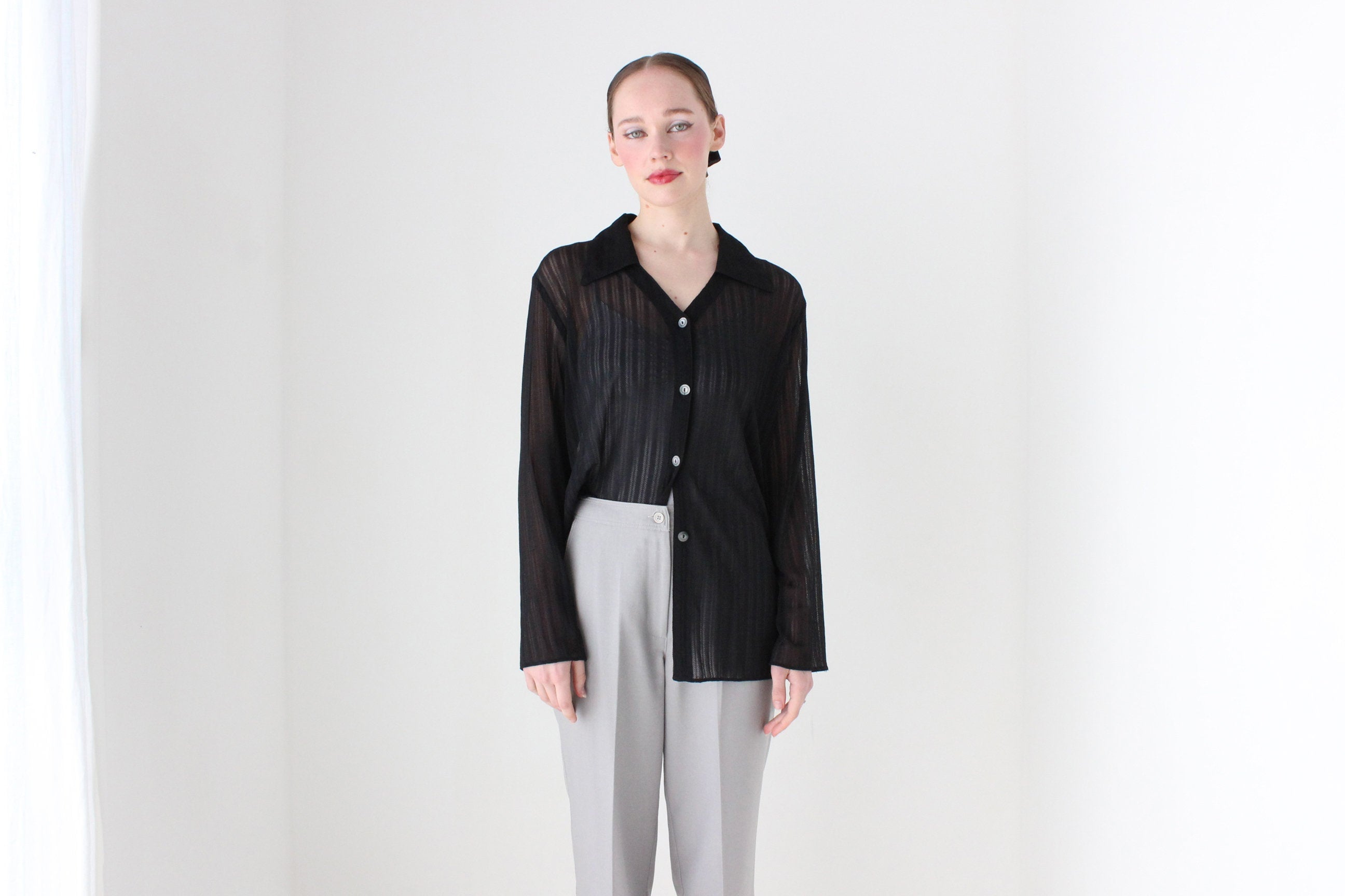 BALLETCORE 90s Sheer Mesh Black Oversized Shirt