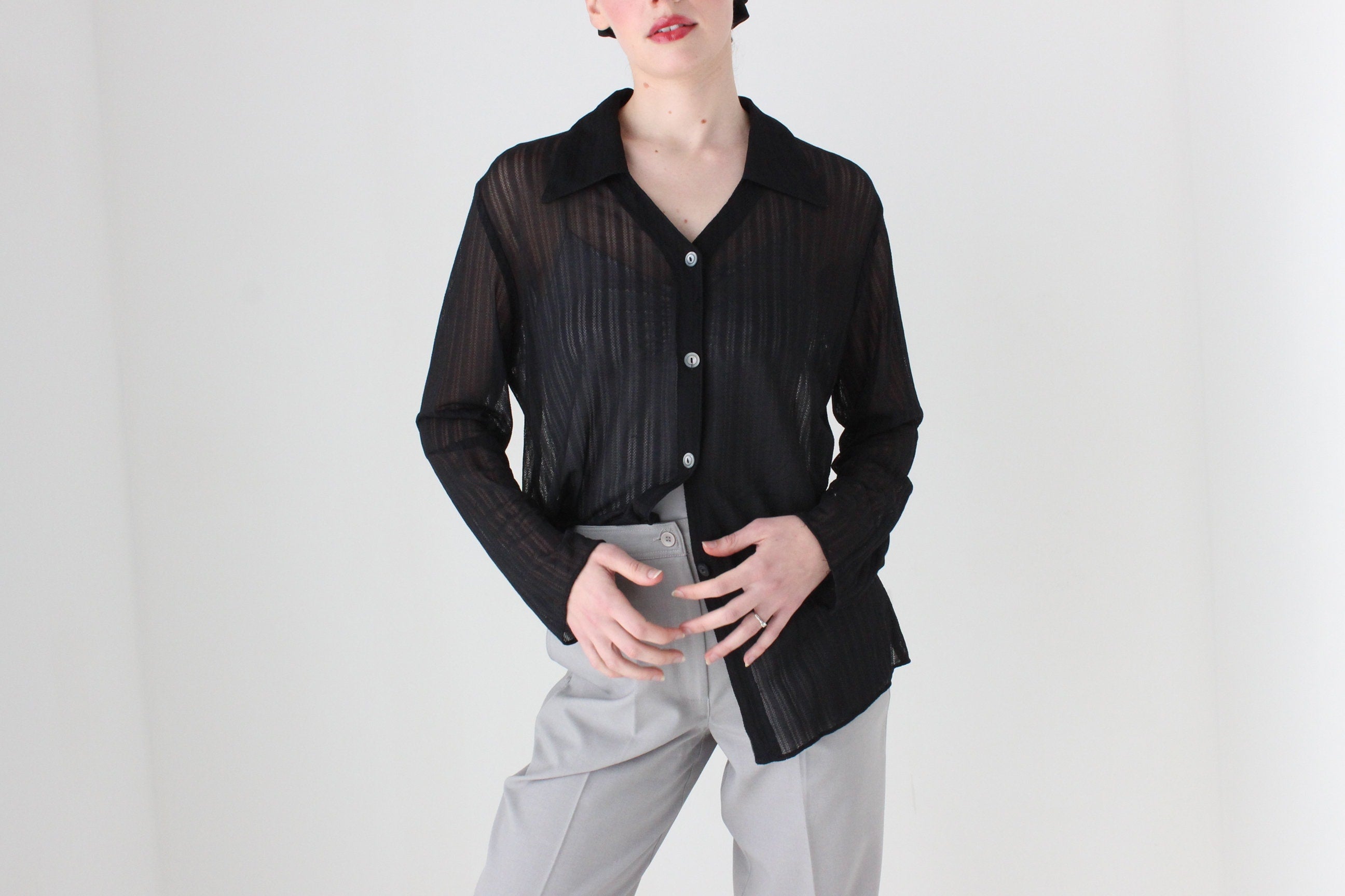 BALLETCORE 90s Sheer Mesh Black Oversized Shirt