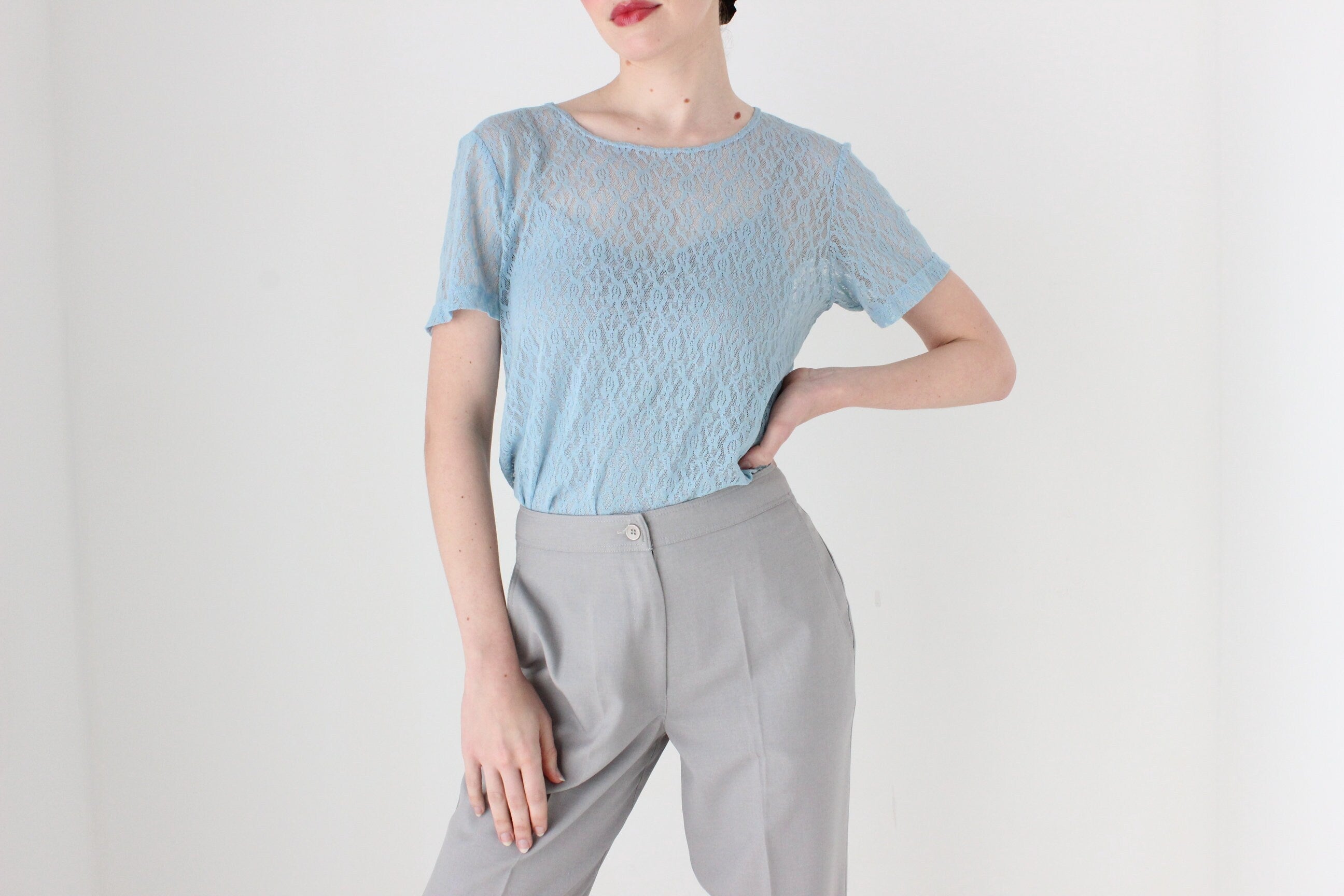 BALLETCORE 90s Stretch Sheer Lace Sky Blue Tee