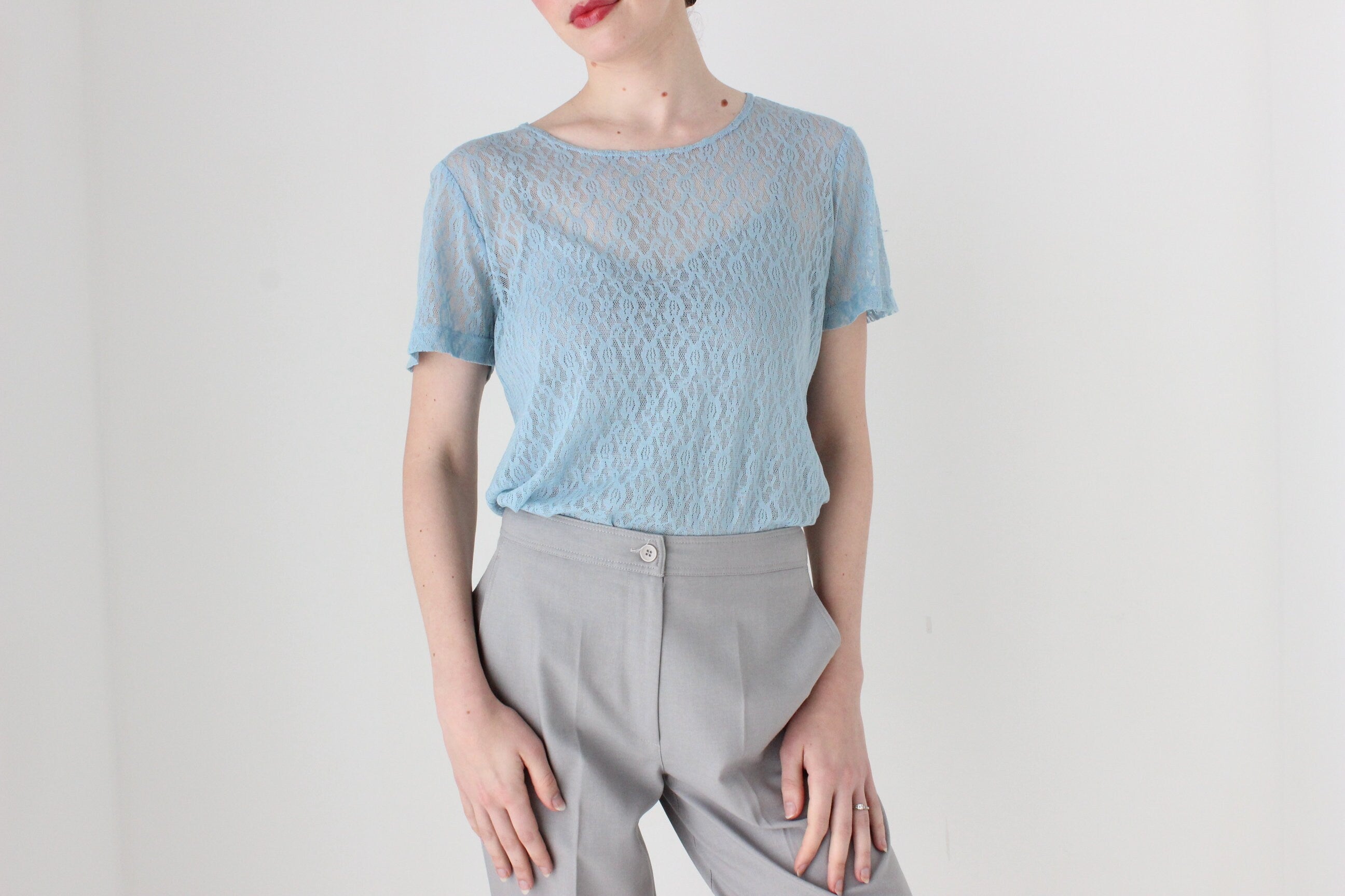 BALLETCORE 90s Stretch Sheer Lace Sky Blue Tee
