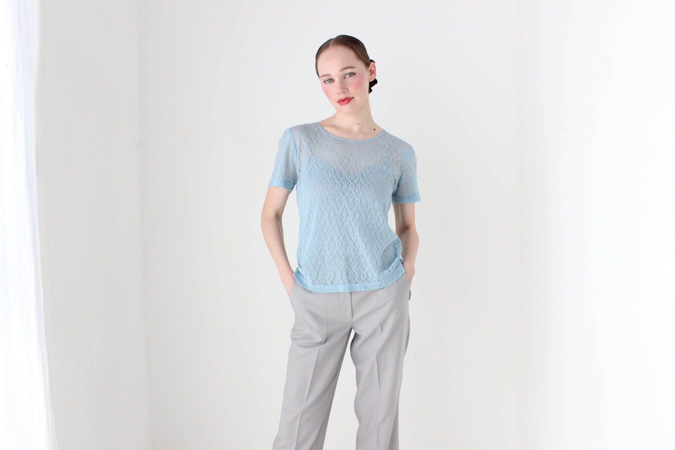 BALLETCORE 90s Stretch Sheer Lace Sky Blue Tee