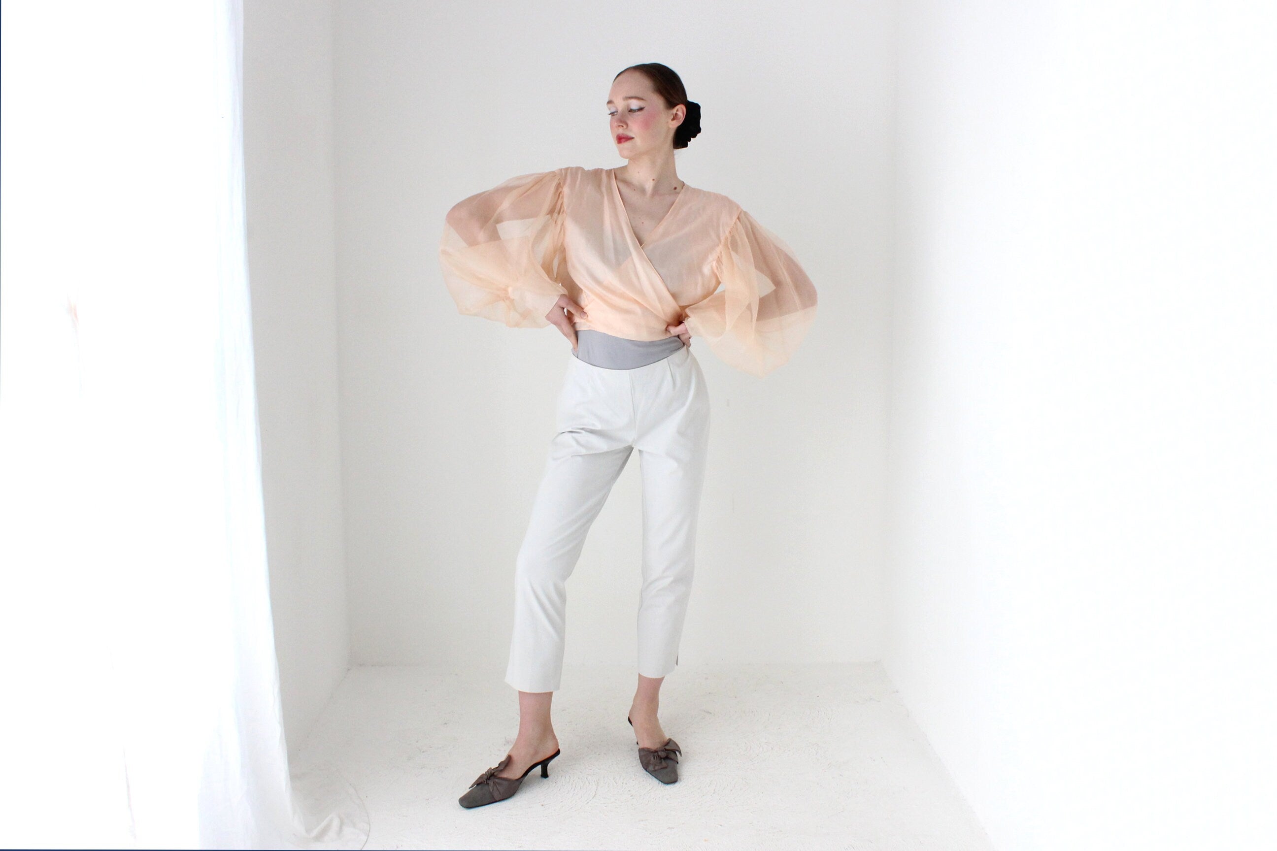BALLETCORE Anna Cordell Pure Silk Organza Puff Blouson Sleeve Wrap Top
