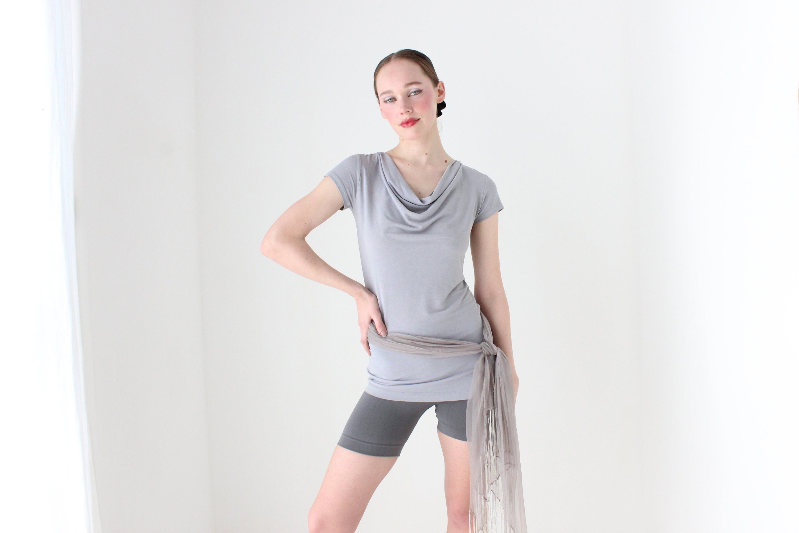 BALLETCORE Y2K Slinky Fitted Cowl Neck Cap Sleeve Top