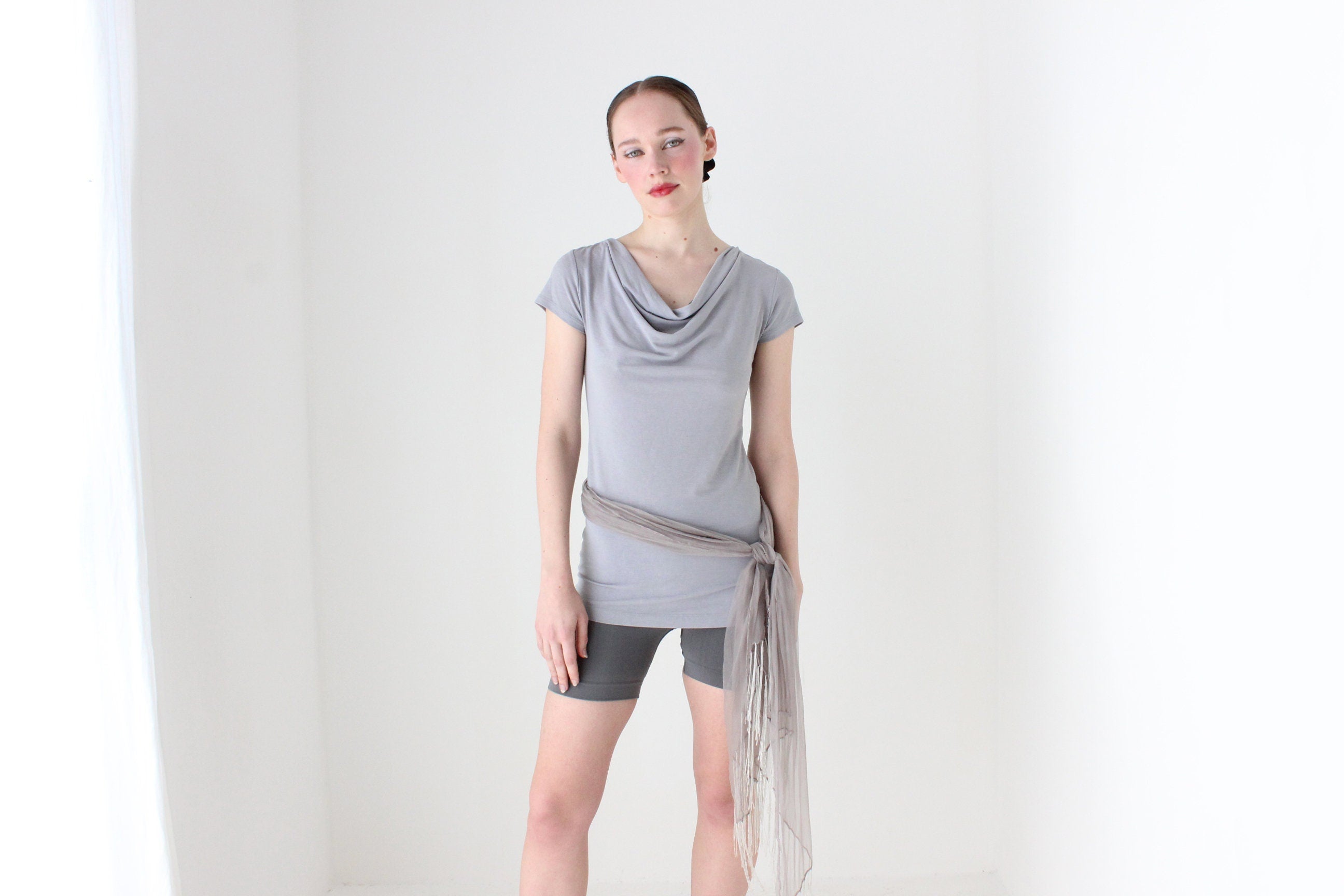 BALLETCORE Y2K Slinky Fitted Cowl Neck Cap Sleeve Top