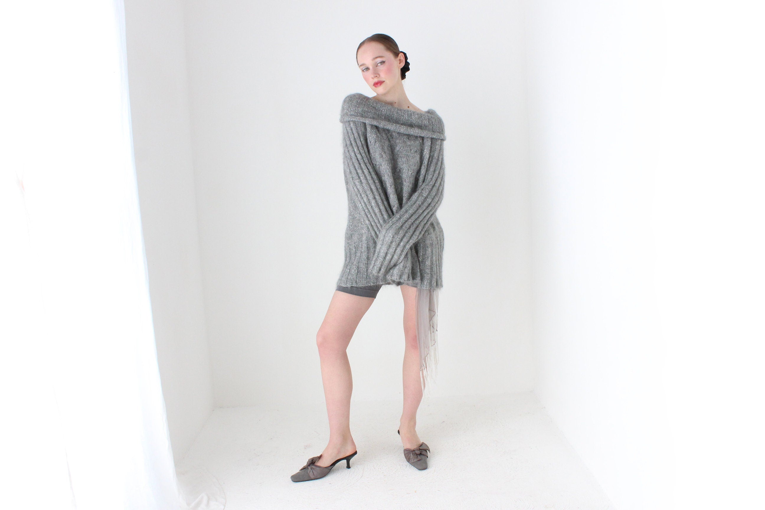 BALLETCORE 80s Escada Mohair Blend Off Shoulder Sweater Dress