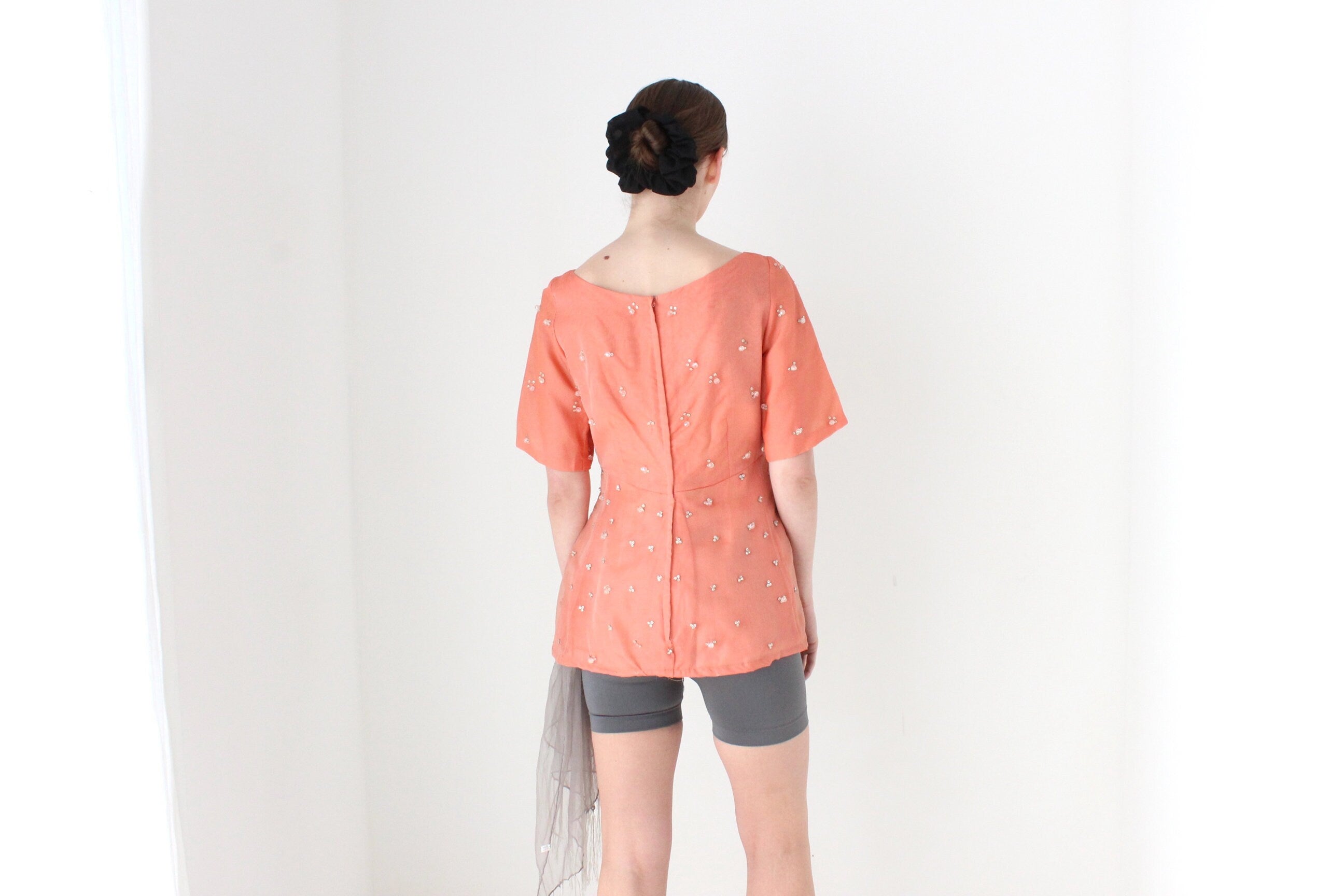 BALLETCORE 1960s British Couture Salmon Silk Organza Top