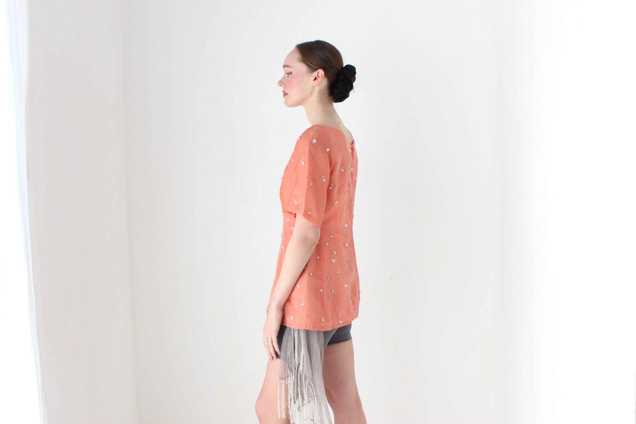 BALLETCORE 1960s British Couture Salmon Silk Organza Top