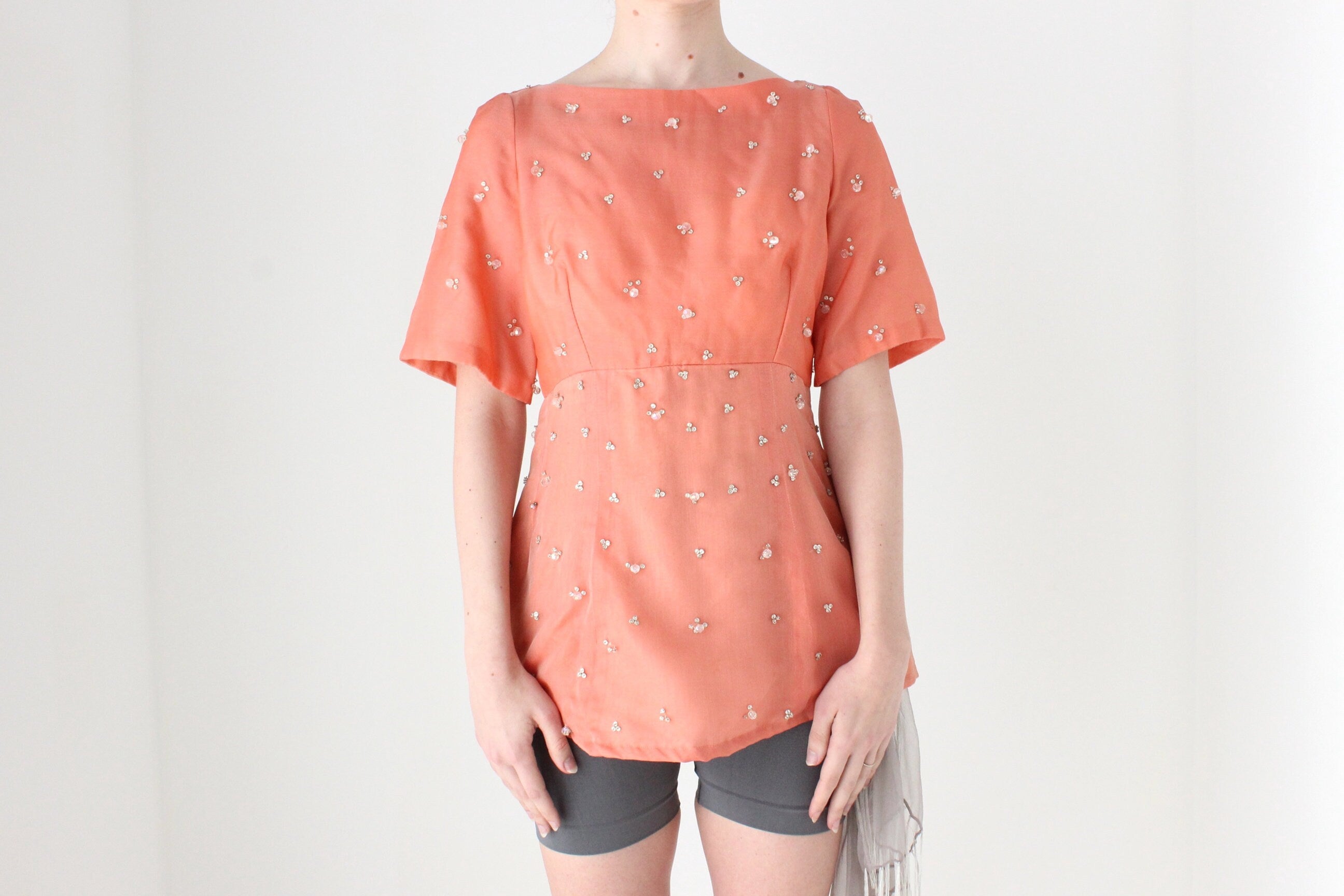 BALLETCORE 1960s British Couture Salmon Silk Organza Top