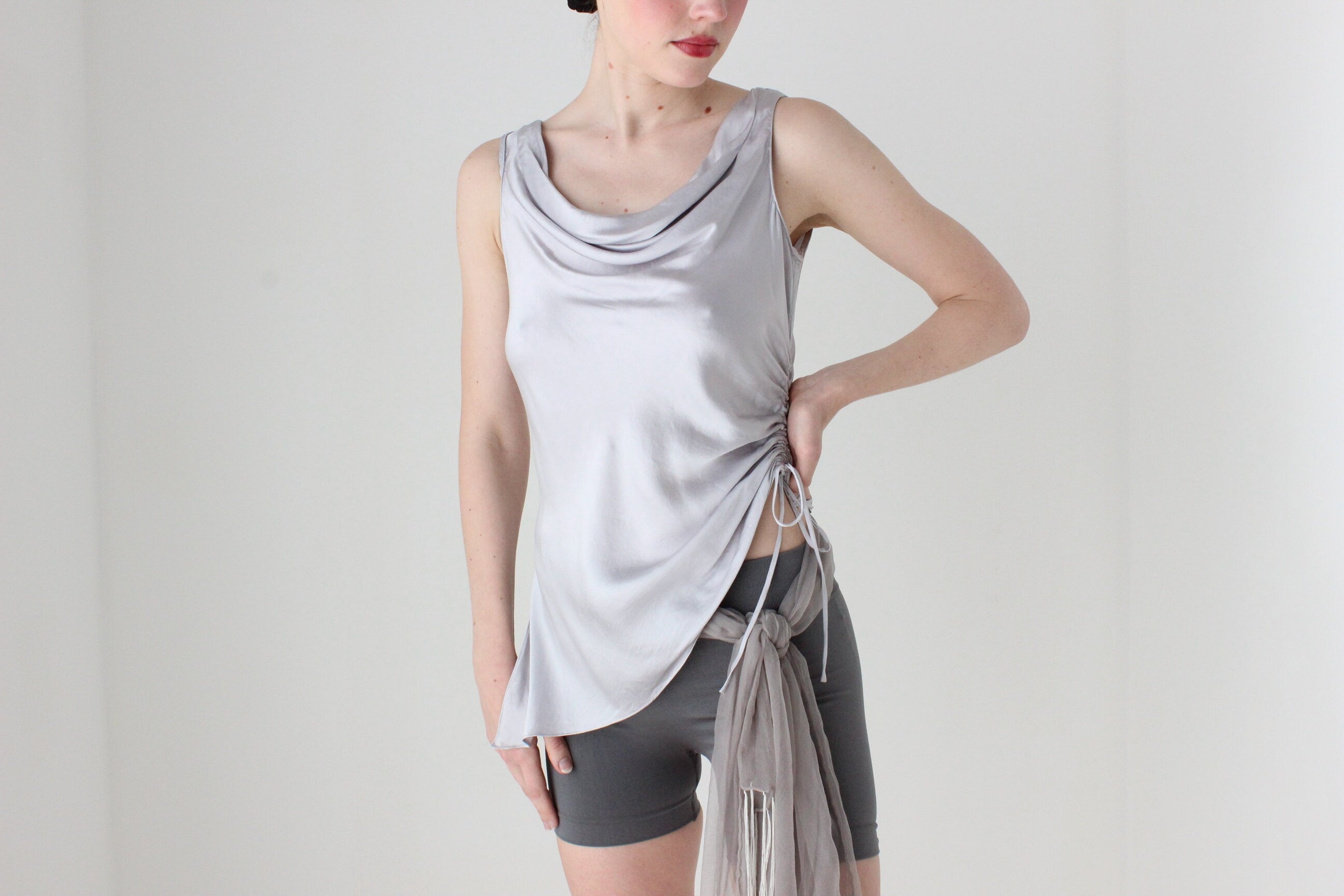 BALLETCORE Y2K Pure Silk Cowl Neck Asymmetric Top