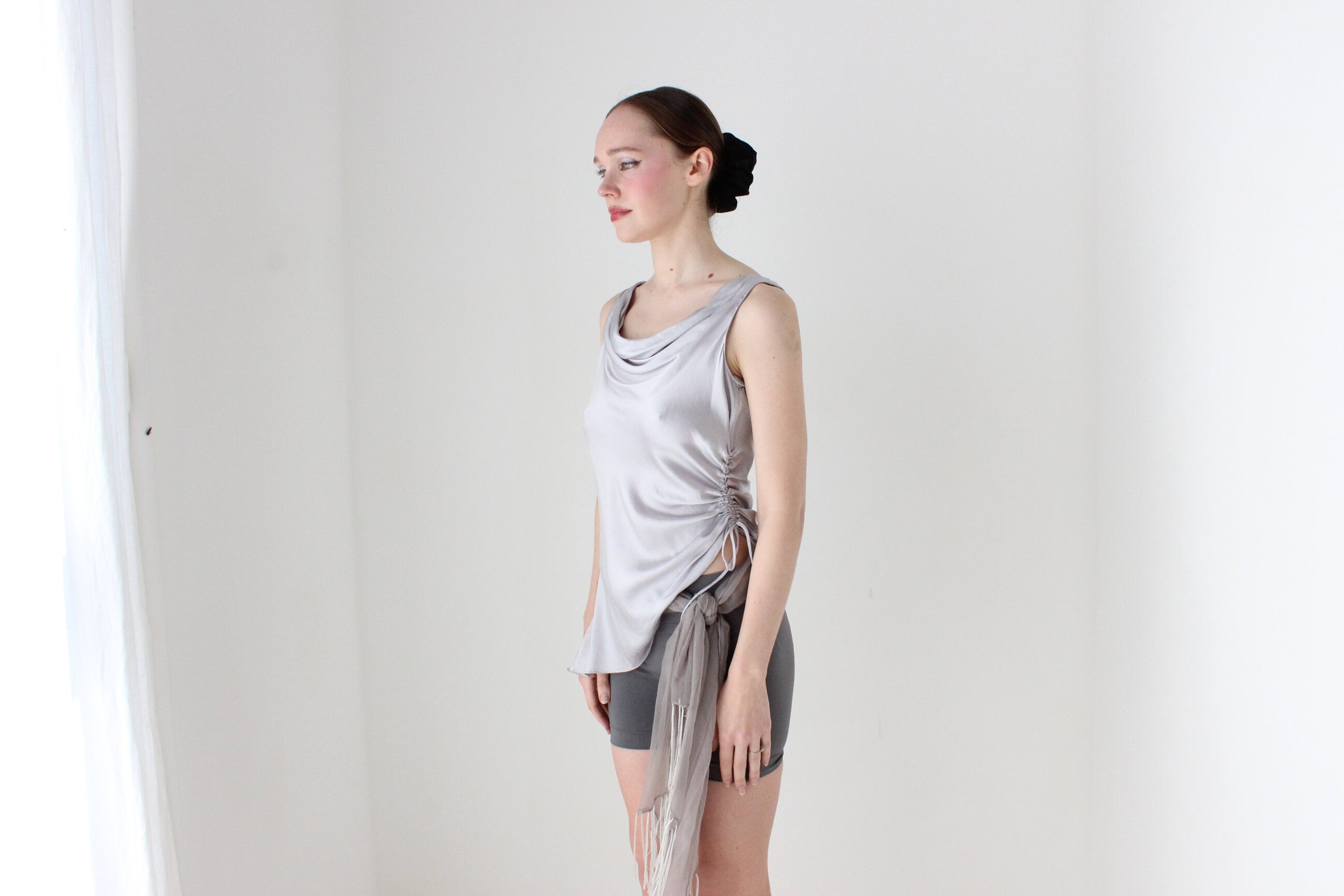 BALLETCORE Y2K Pure Silk Cowl Neck Asymmetric Top