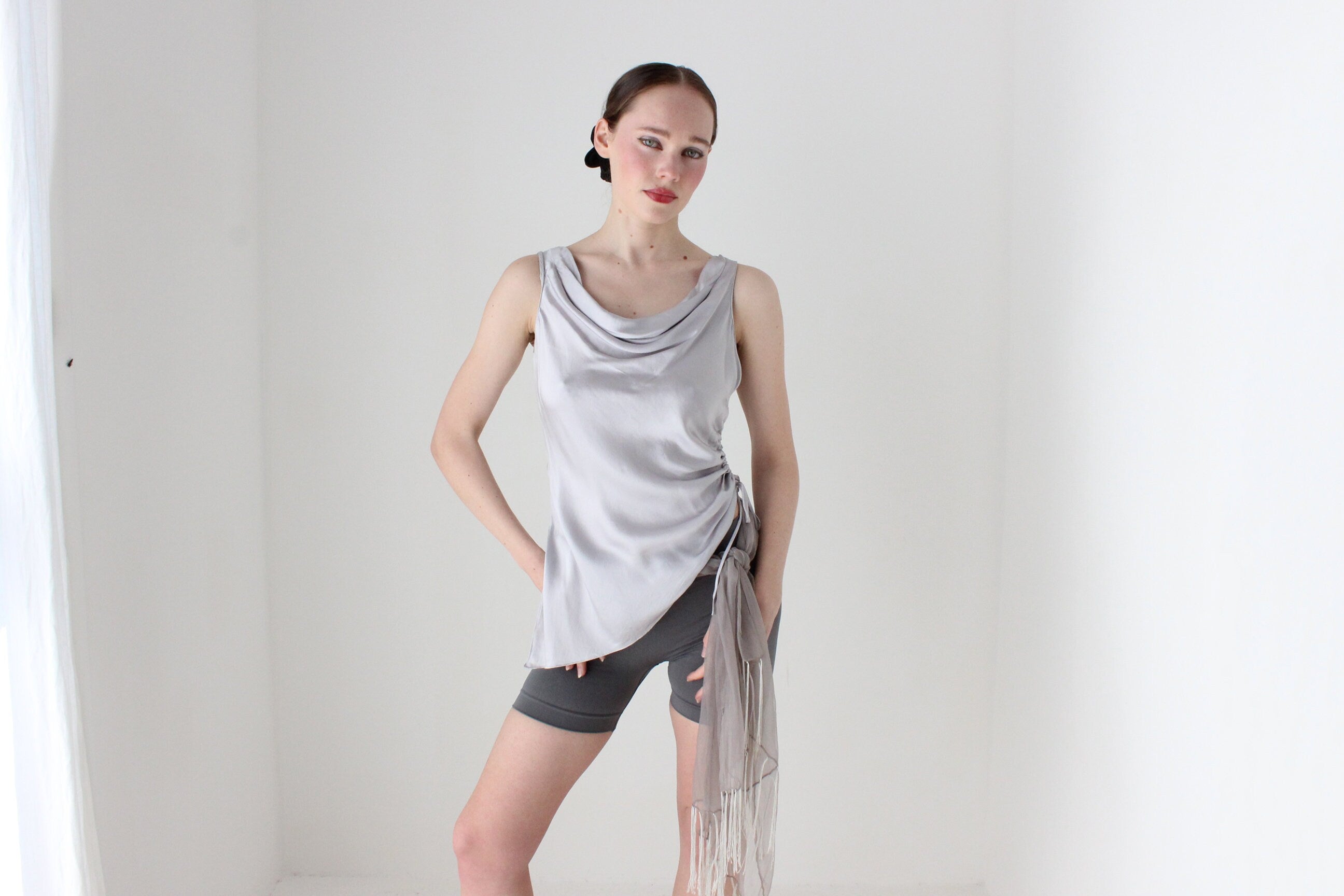 BALLETCORE Y2K Pure Silk Cowl Neck Asymmetric Top