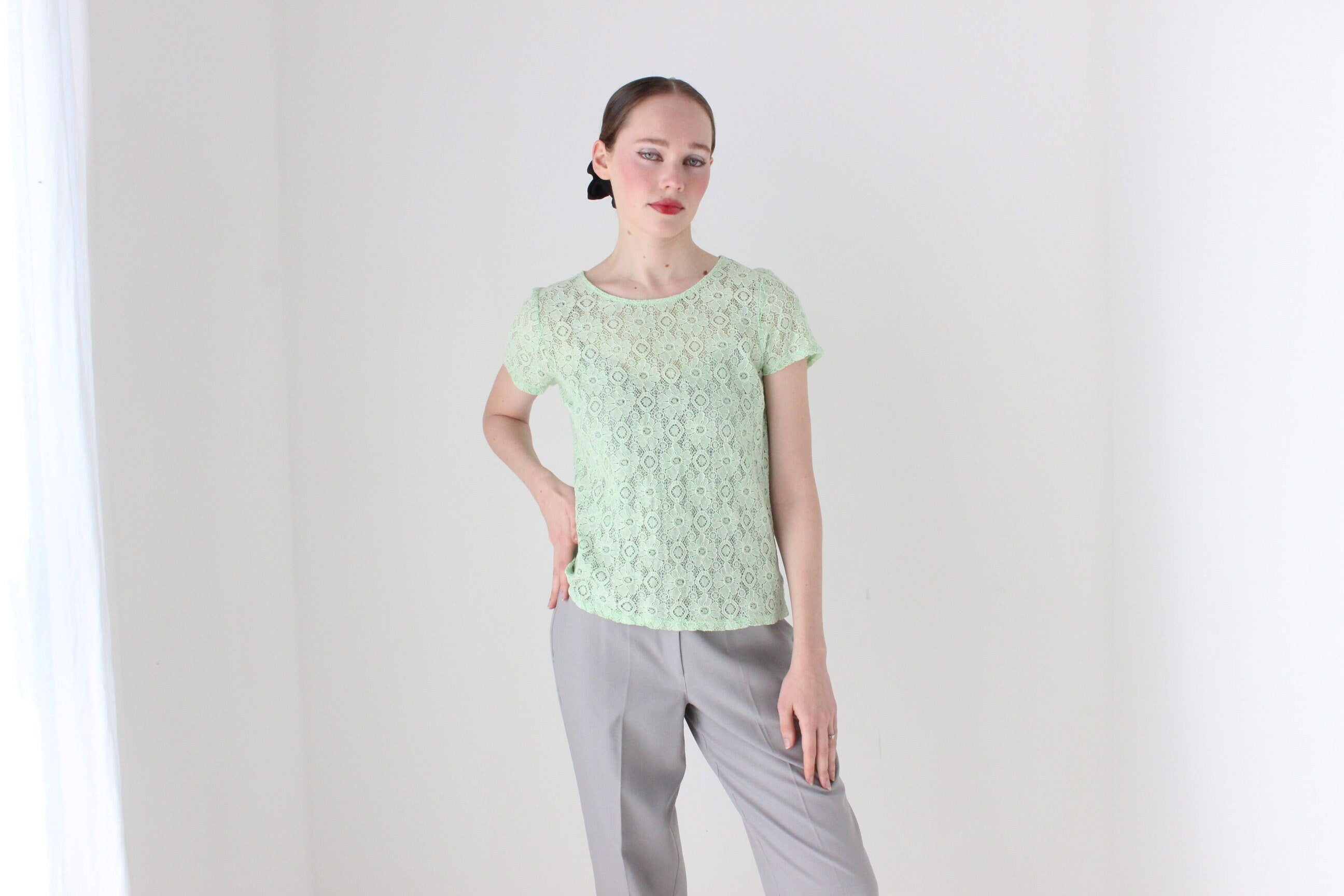 BALLETCORE 90s Mint Green Sheer Lace Tee