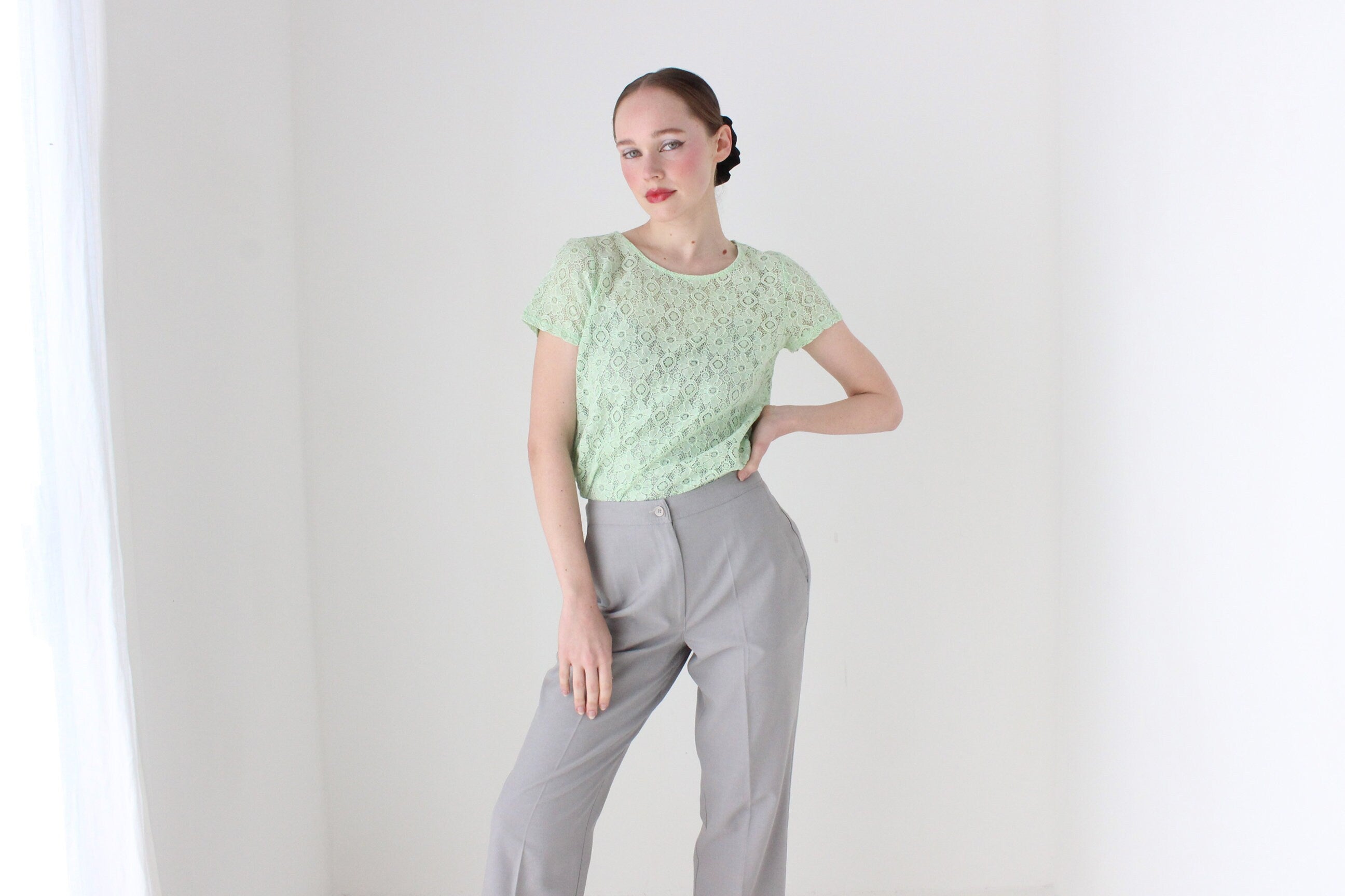 BALLETCORE 90s Mint Green Sheer Lace Tee