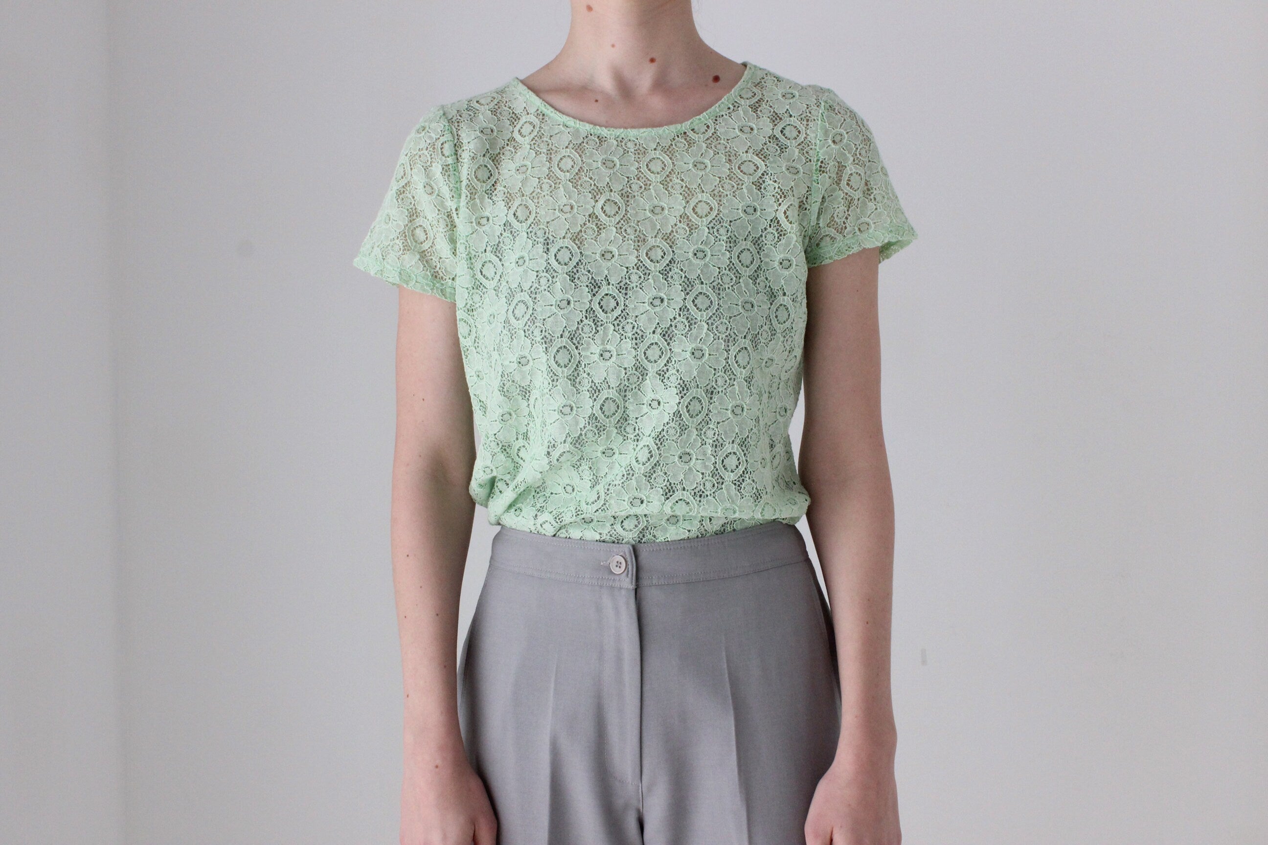 BALLETCORE 90s Mint Green Sheer Lace Tee