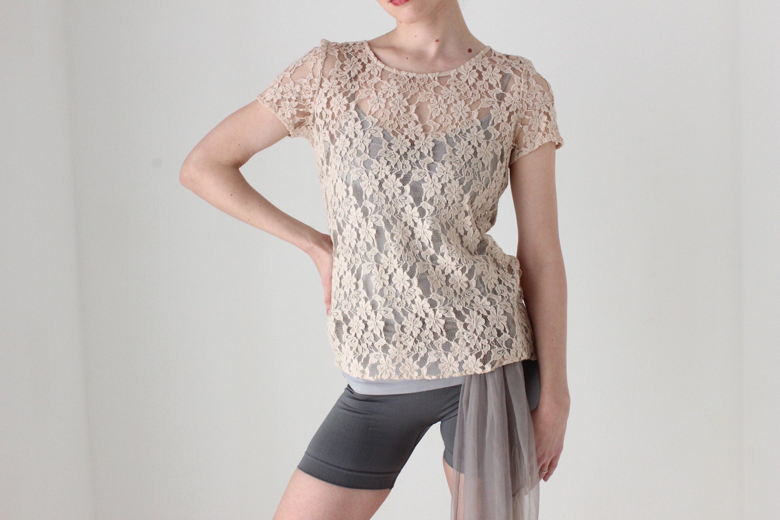 BALLETCORE DKNY Cream Lace Tee