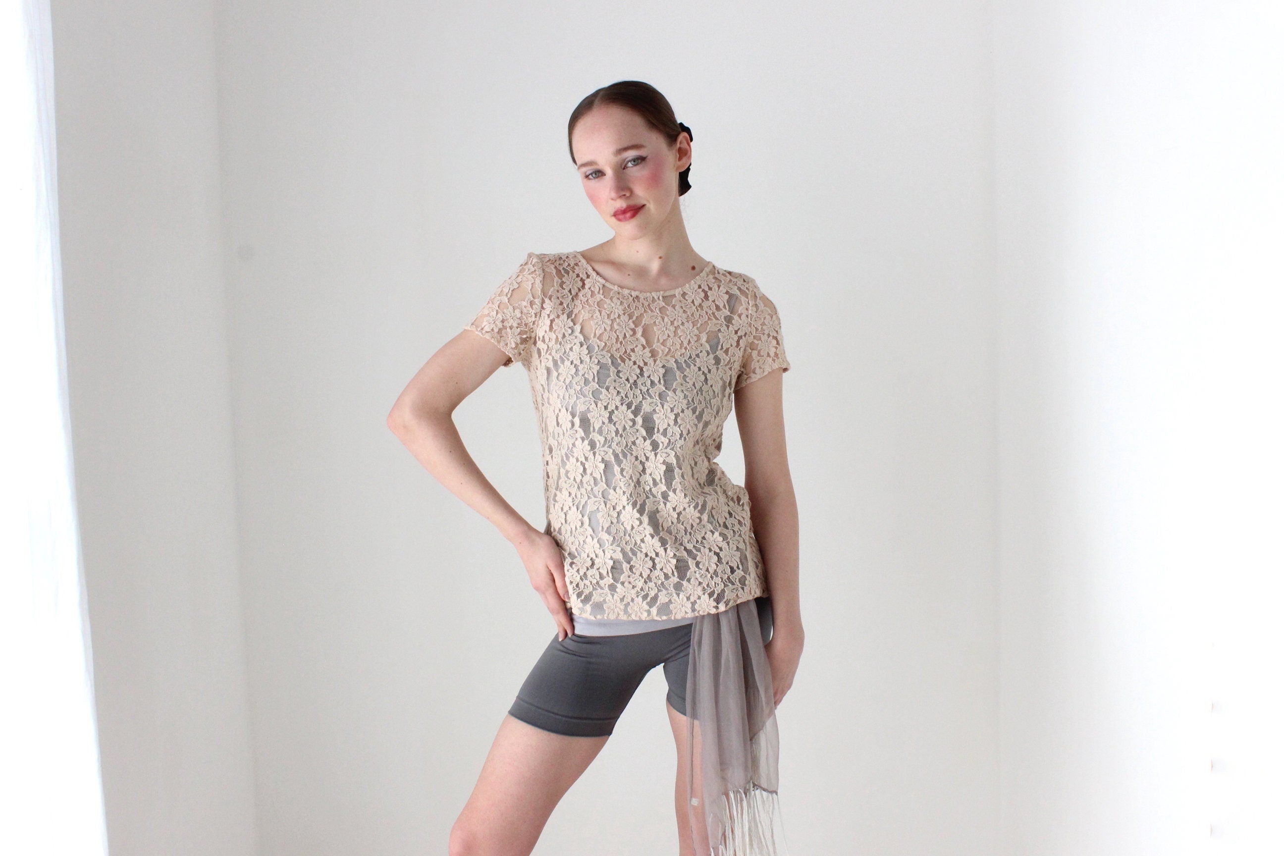 BALLETCORE DKNY Cream Lace Tee