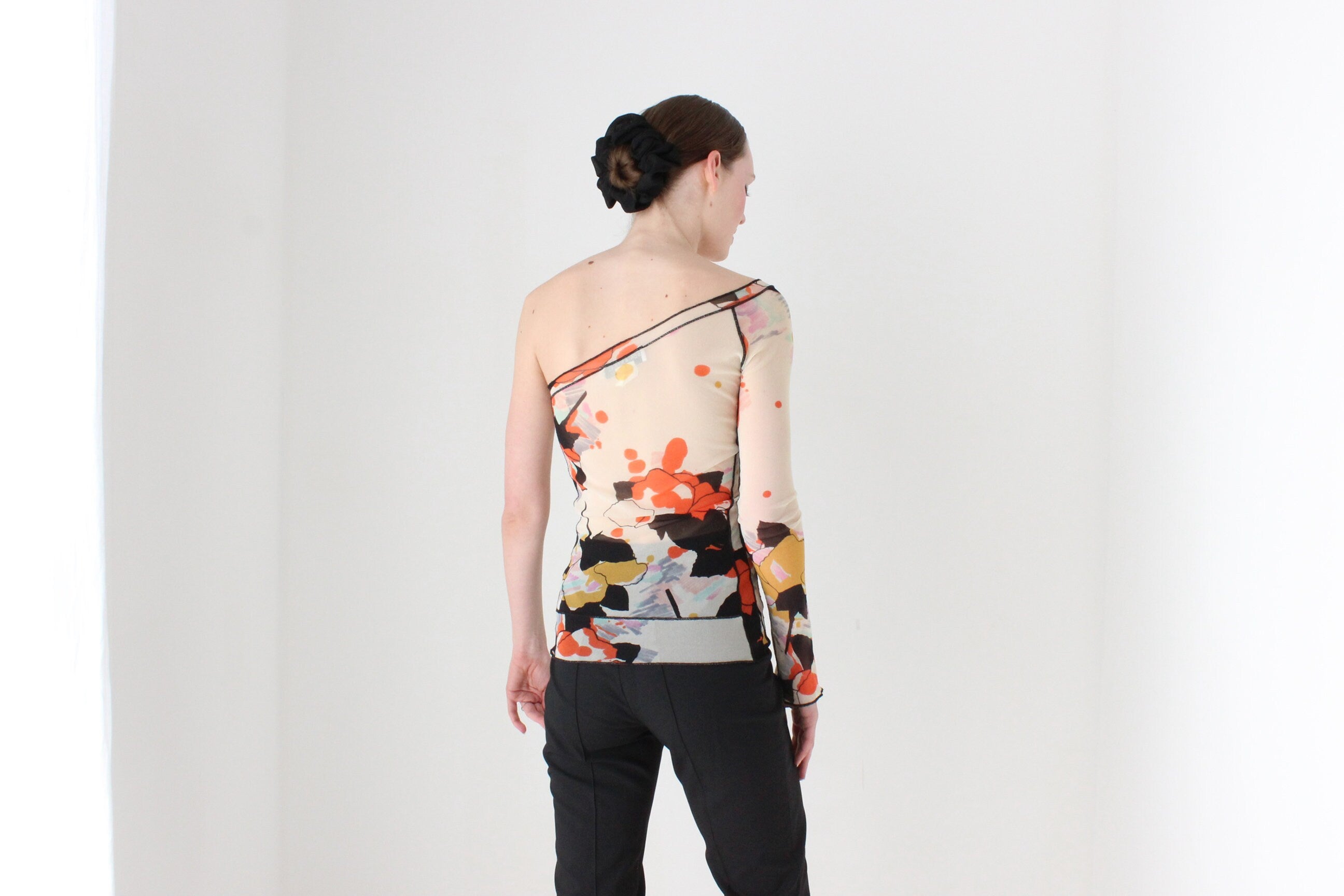 BALLETCORE 2000s Sonia Rykiel Printed Mesh One Sleeve Top