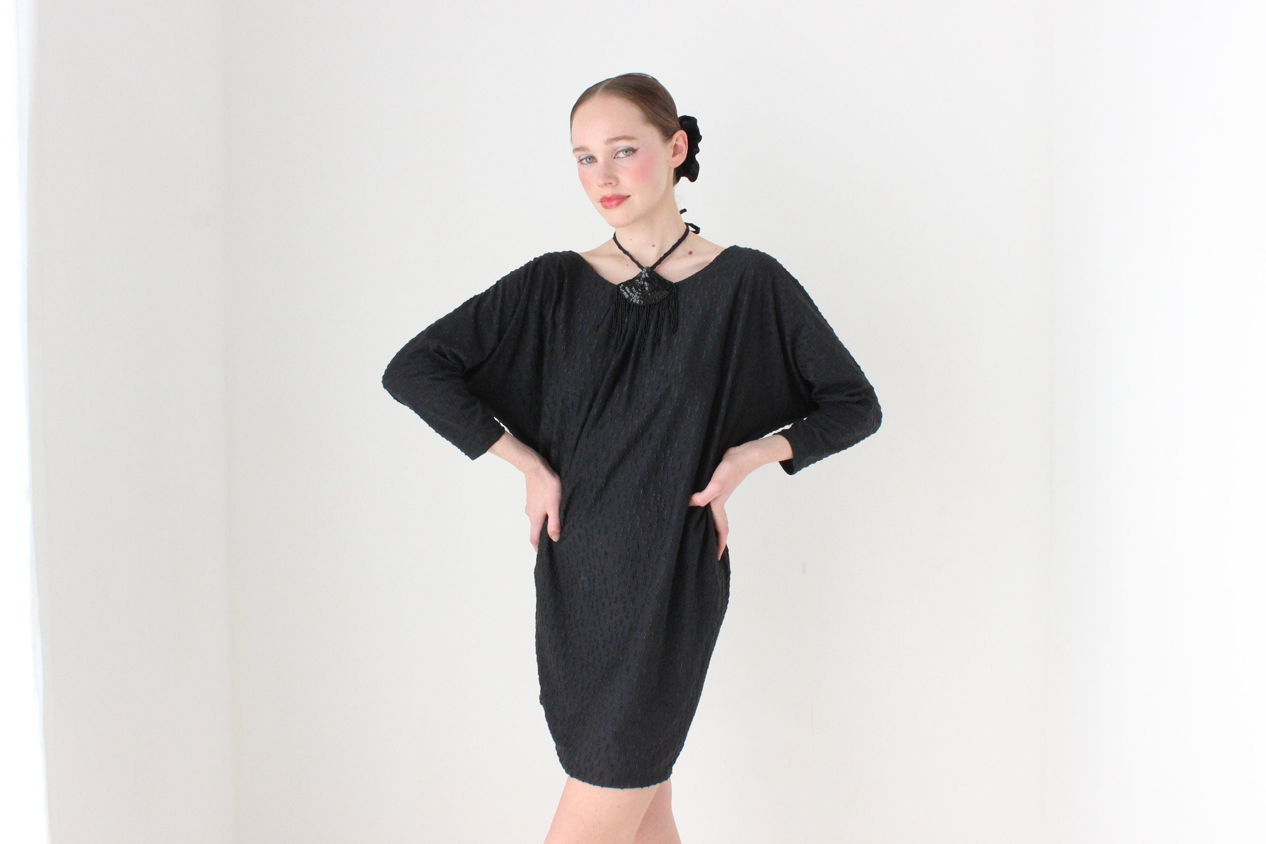 BALLETCORE 80s Designer Batwing Cocoon Mini w/ Sequin Halter Detail